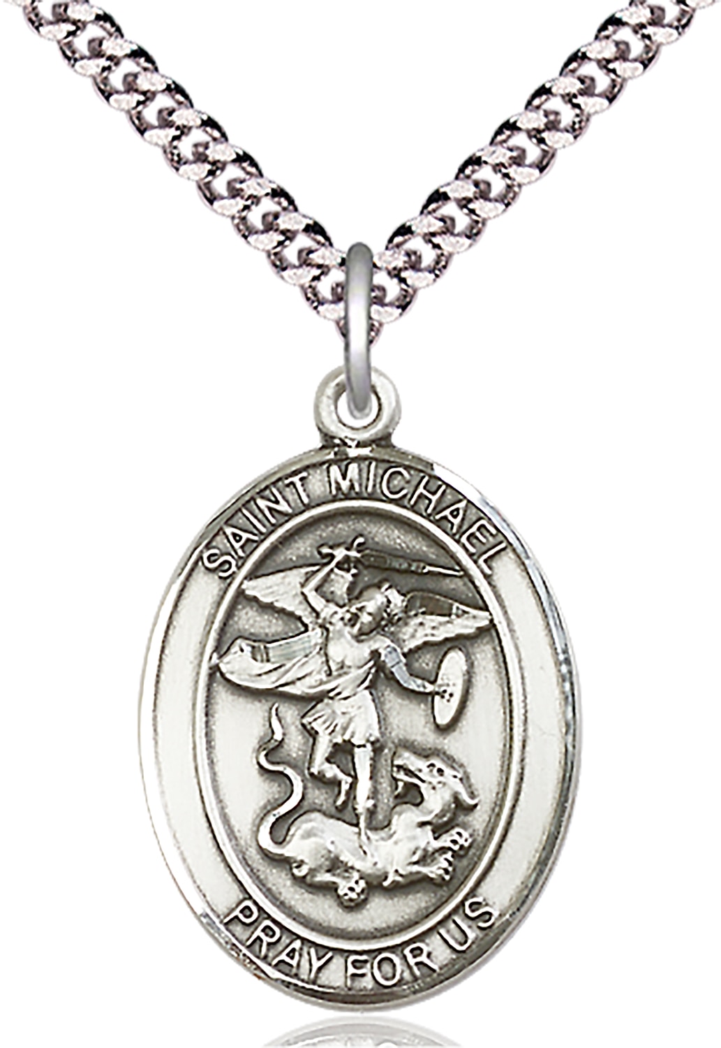 Sterling Silver Saint Michael the Archangel Pendant on an 24-inch Light Rhodium Heavy Curb Chain.  Handmade in the USA