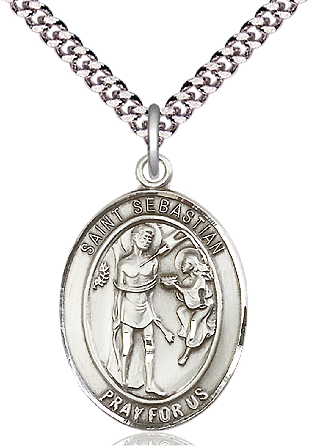 Sterling Silver Saint Sebastian Pendant on an 24-inch Light Rhodium Heavy Curb Chain.  Handmade in the USA