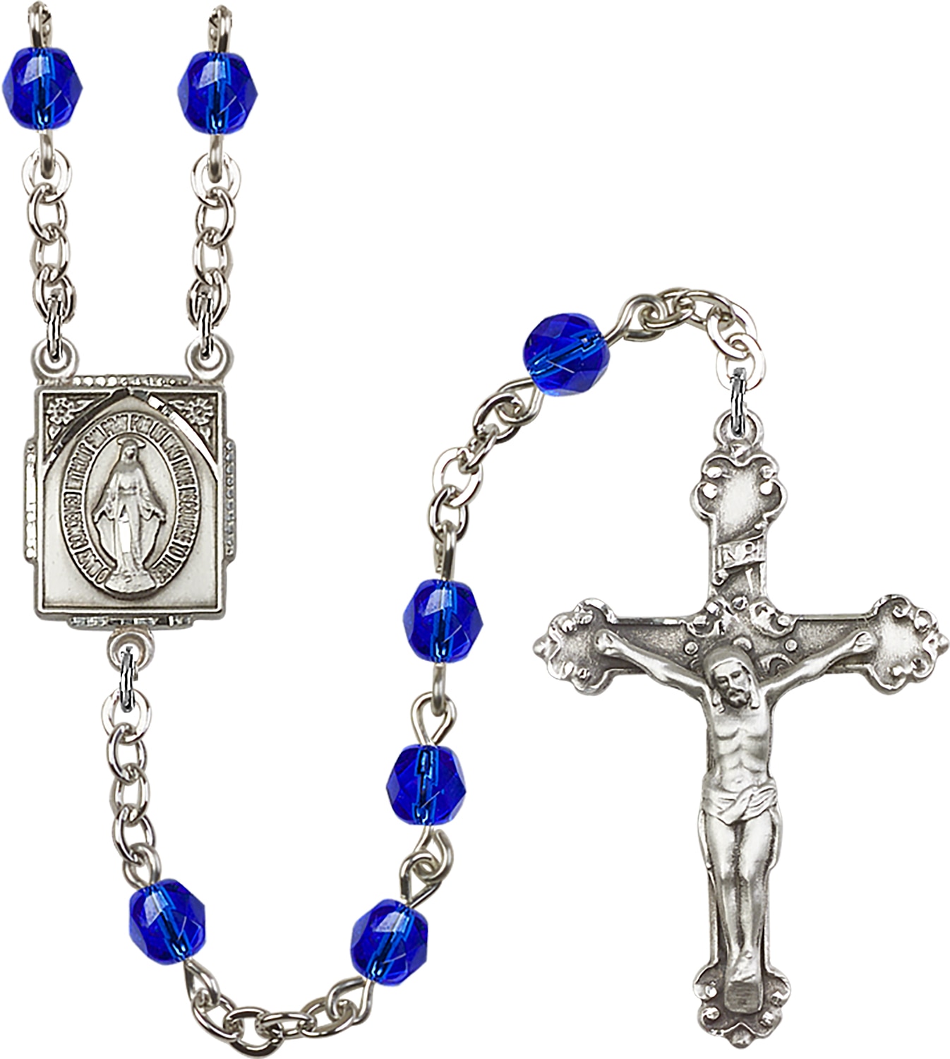 Rosary is Silver-Plated with 6mm Fire-Polished beads in Dark Blue   Crucifix is 1 1/2-inch tall and 1-inch wide   Miraculous Medal centerpiece is 5/8-inch tall and 1/2-inch wide Handmade in the USA