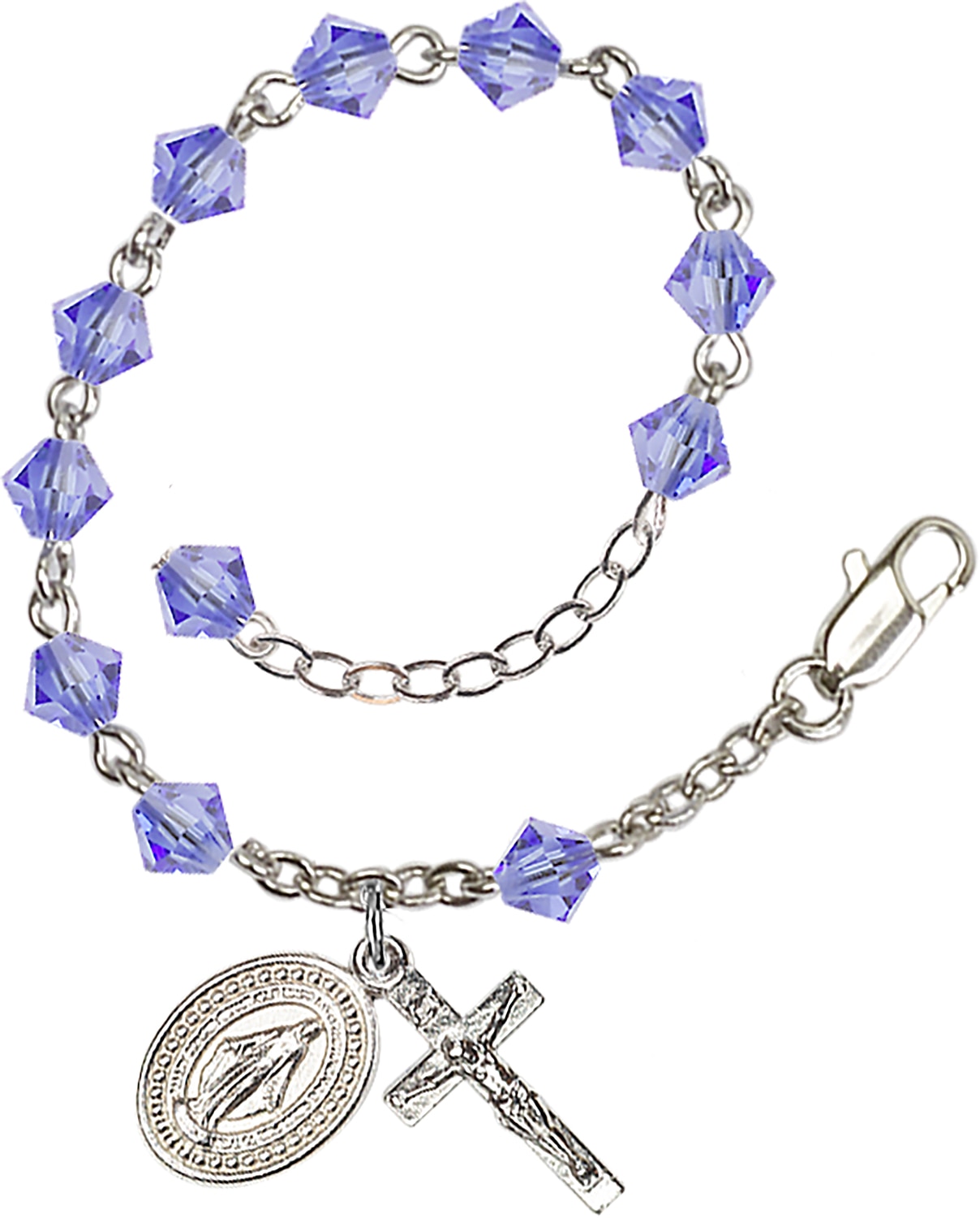 Rosary bracelet is Silver-Plated and can be adjusted between 7 1/2 and 8 1/2-inches   Beads are 5mm Light Blue, Bi-cone shaped, Austrian Crystal   Crucifix is 5/8-inch tall by 1/4-inch wide   Miraculous Medal is 1/2-inch tall by 1/4-inch wide Handmad