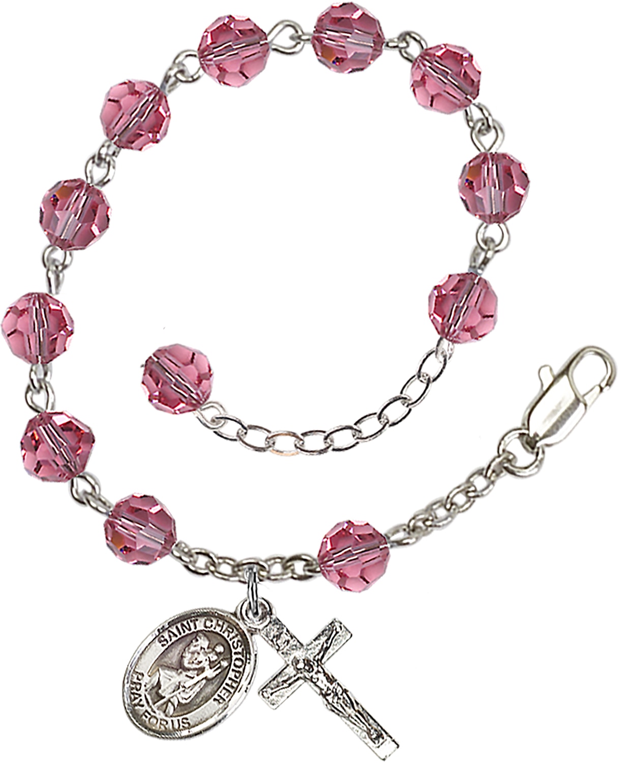 Rosary bracelet is Silver-Plated and can be adjusted between 7 1/2 and 8 1/2-inches   Beads are 6mm Rose Colored, Austrian Crystal   Crucifix is 5/8-inch tall by 1/4-inch wide   Miraculous Medal is 1/2-inch tall by 1/4-inch wide Handmade in the USA