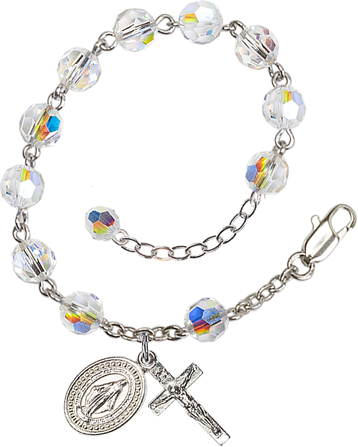 Rosary bracelet is Silver-Plated and can be adjusted between 7 1/2 and 8 1/2-inches   Beads are 6mm Austrian Crystal with aurora borealis (prism-like effect)   Crucifix is 5/8-inch tall by 1/4-inch wide   Miraculous Medal is 1/2-inch tall by 1/4-inch