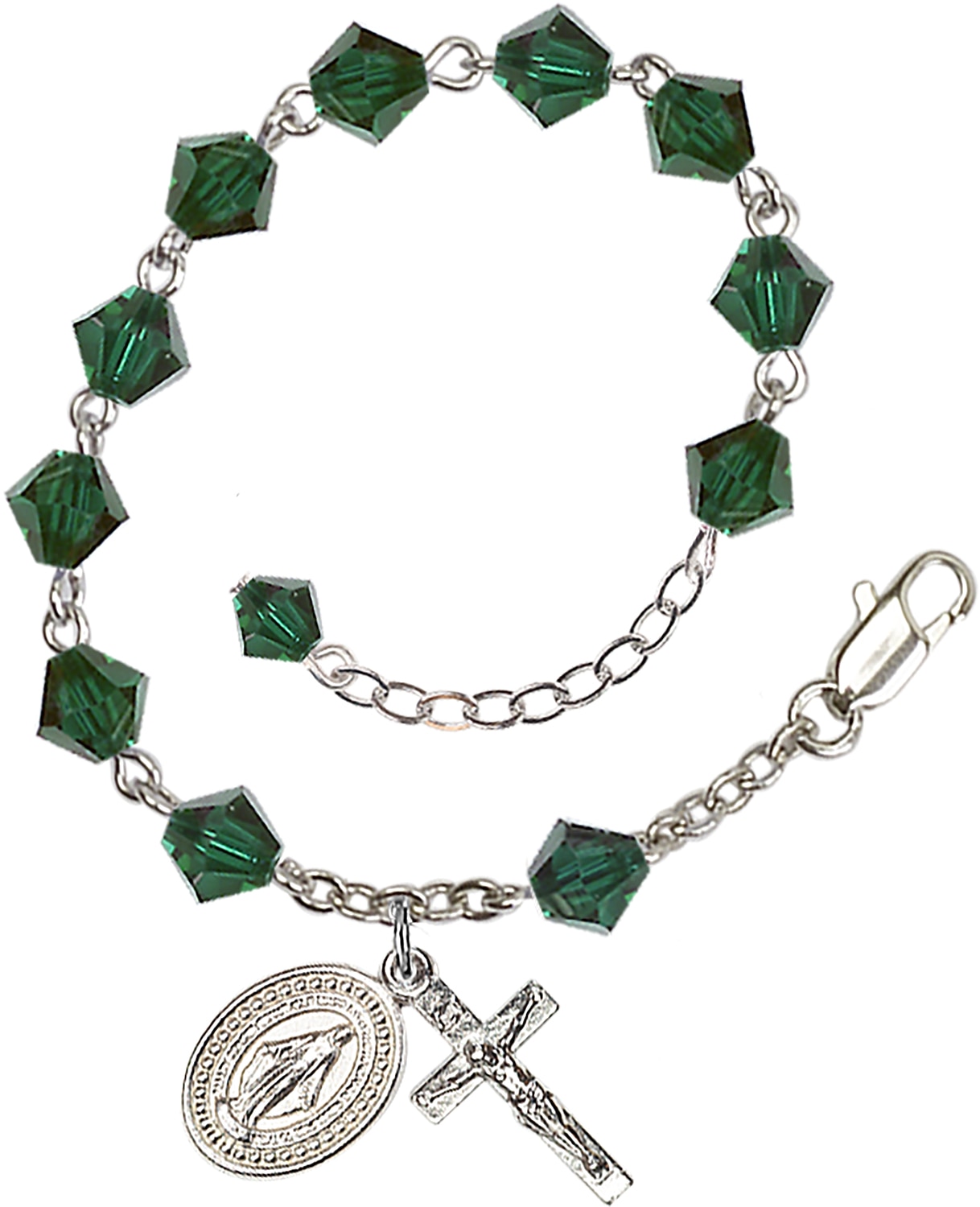 Rosary bracelet is Silver-Plated and can be adjusted between 7 1/2 and 8 1/2-inches   Beads are 6mm Dark Green, bi-cone shaped, Austrian Crystal   Crucifix is 7/8-inch tall by 3/8-inch wide   Miraculous Medal is 1/2-inch tall by 1/4-inch wide Handmad