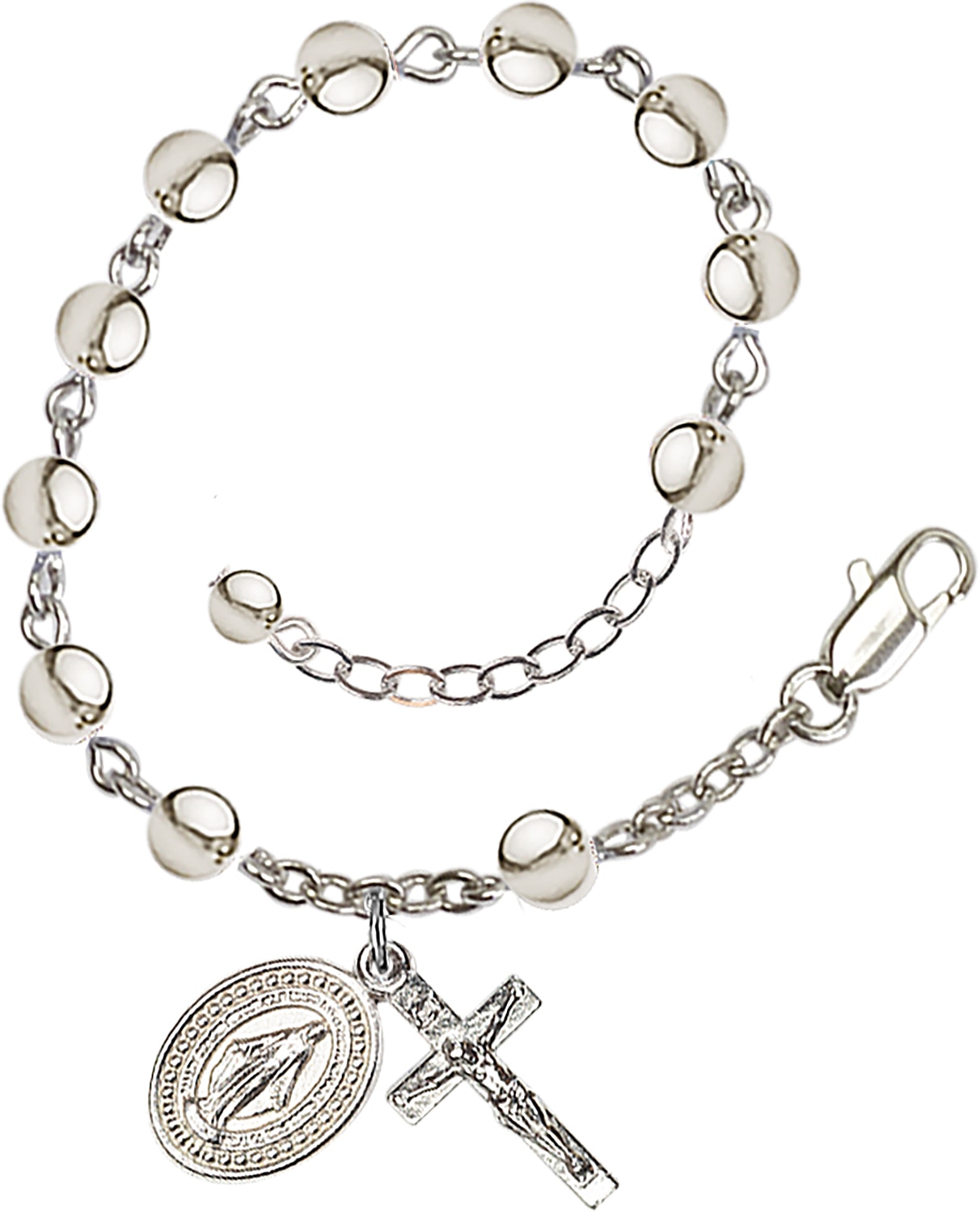 Rosary bracelet is Silver-Plated and can be adjusted between 7 1/2 and 8 1/2-inches   Beads are 6mm round   Crucifix is 5/8-inch tall by 1/4-inch wide   Miraculous Medal is 1/2-inch tall by 1/4-inch wide Handmade in the USA