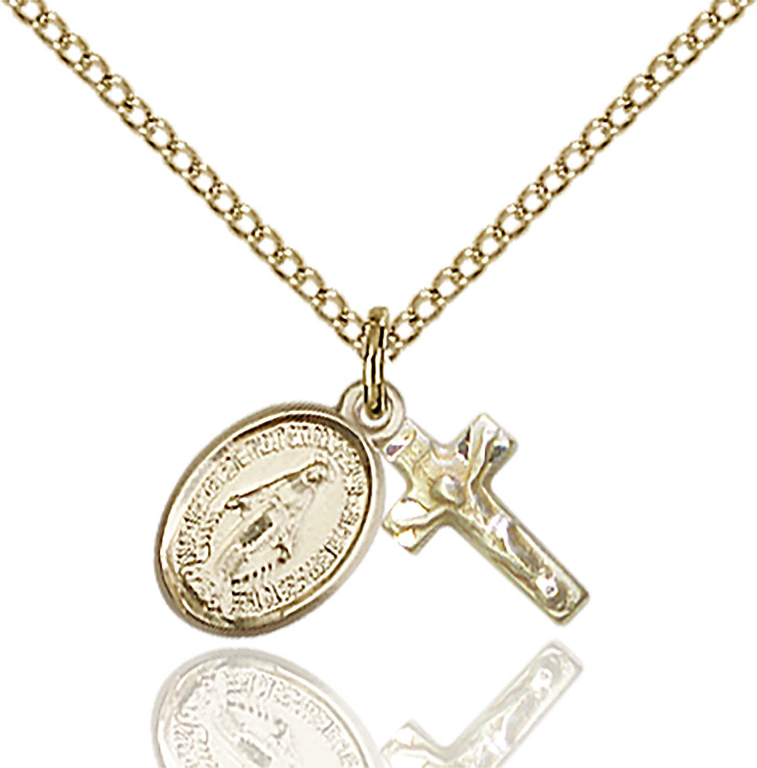 14kt Gold Filled Miraculous / Crucifix Pendant Set on an 18-inch Gold Plate Curb Chain. Handmade in the USA