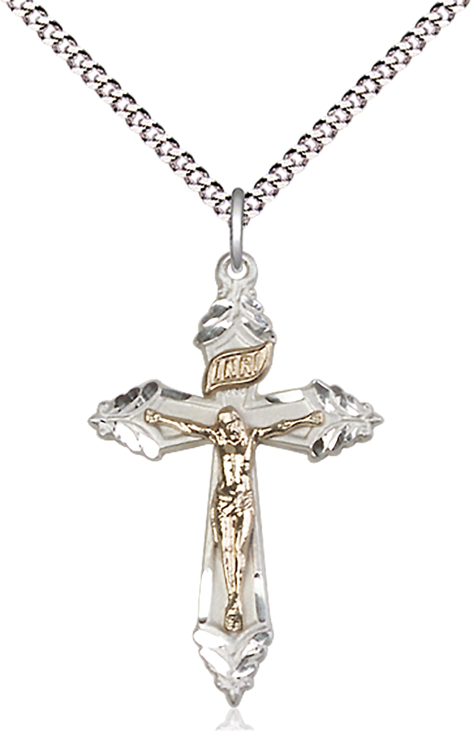 Two-Tone GF/SS Crucifix Pendant on an 18-inch Light Rhodium Light Curb Chain.  Handmade in the USA