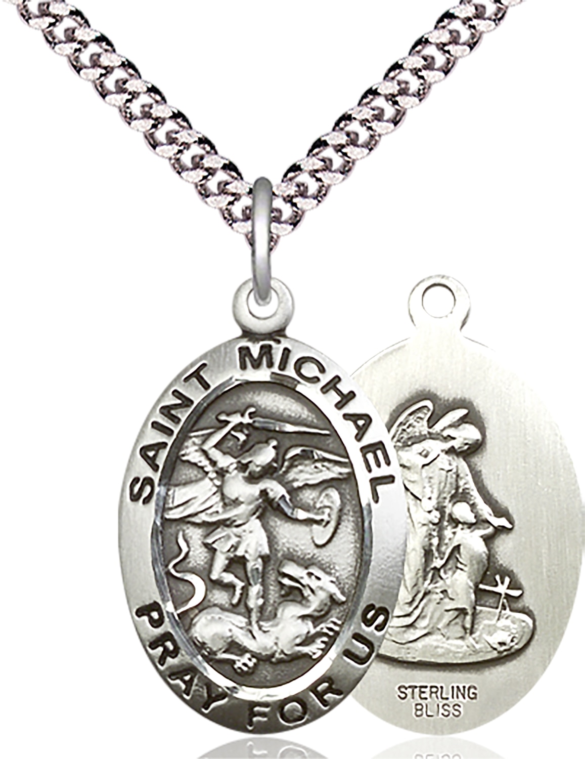 Sterling Silver Saint Michael the Archangel Pendant on an 24-inch Light Rhodium Heavy Curb Chain.  Handmade in the USA