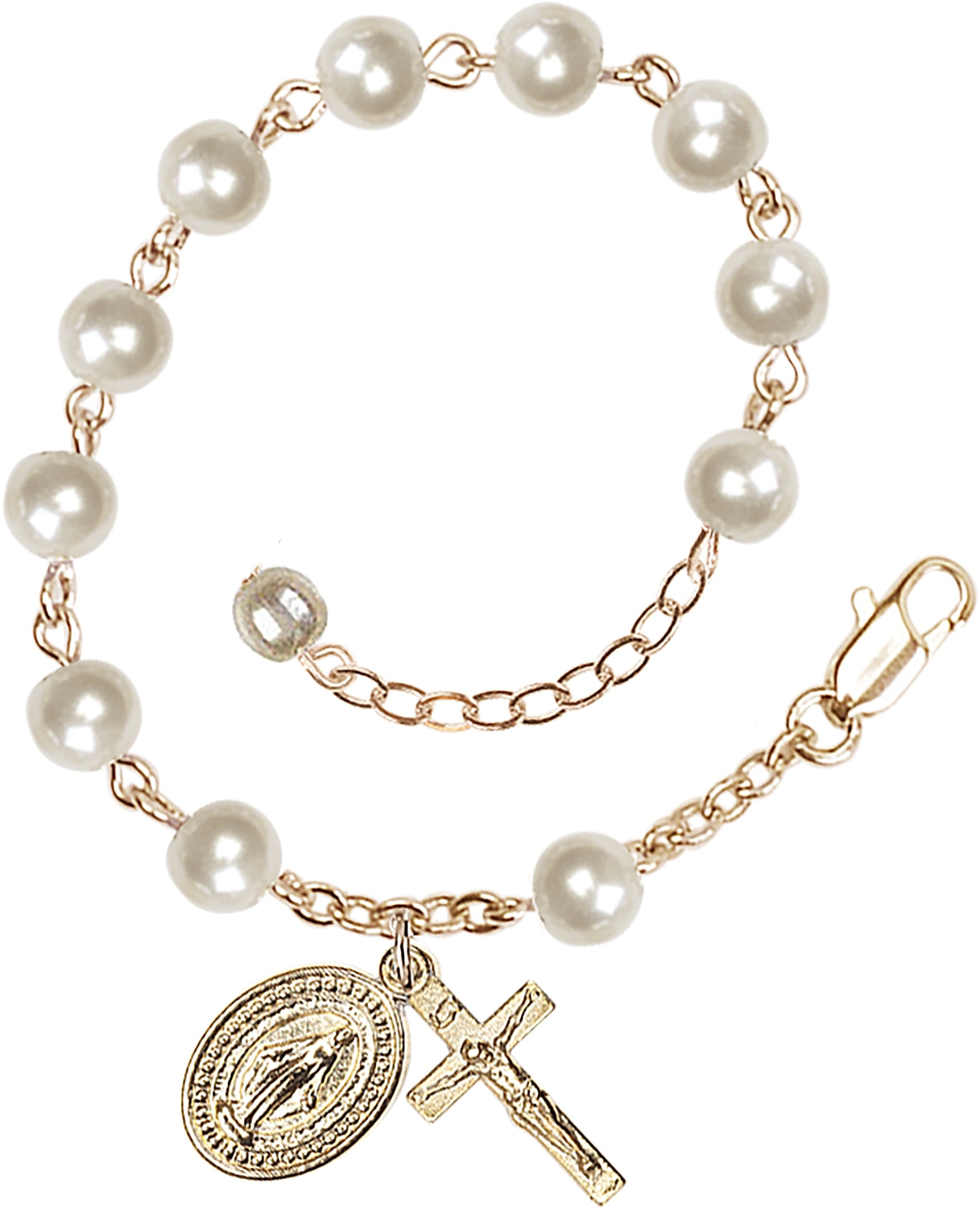 Adjustable, Imitation Pearl Rosary Bracelet in Gold-Plated.  Handmade in the USA