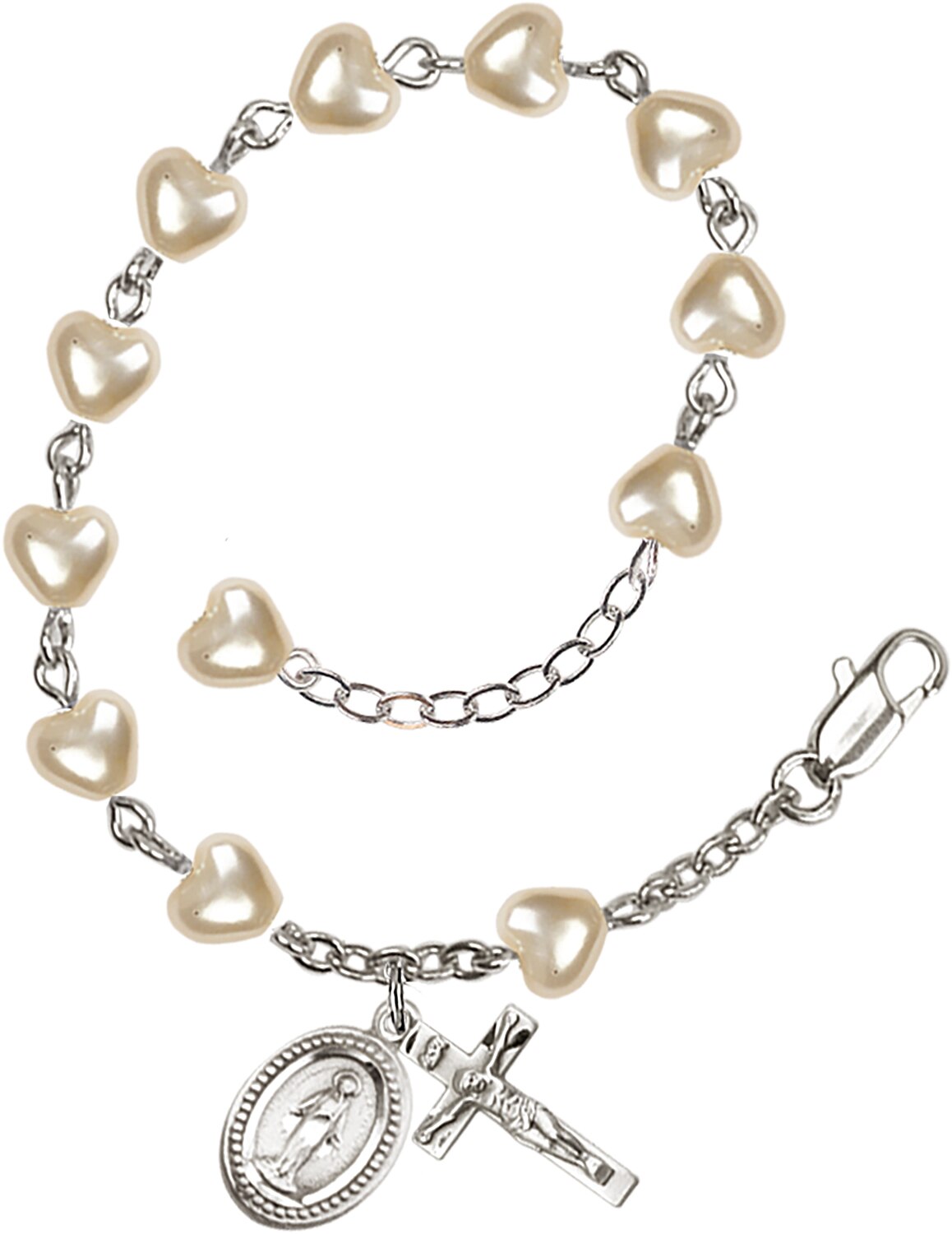 7 1/4 inch Silver Plate Rosary Bracelet with 6mm Heart Imitation Pearl Beads.  Handmade in the USA