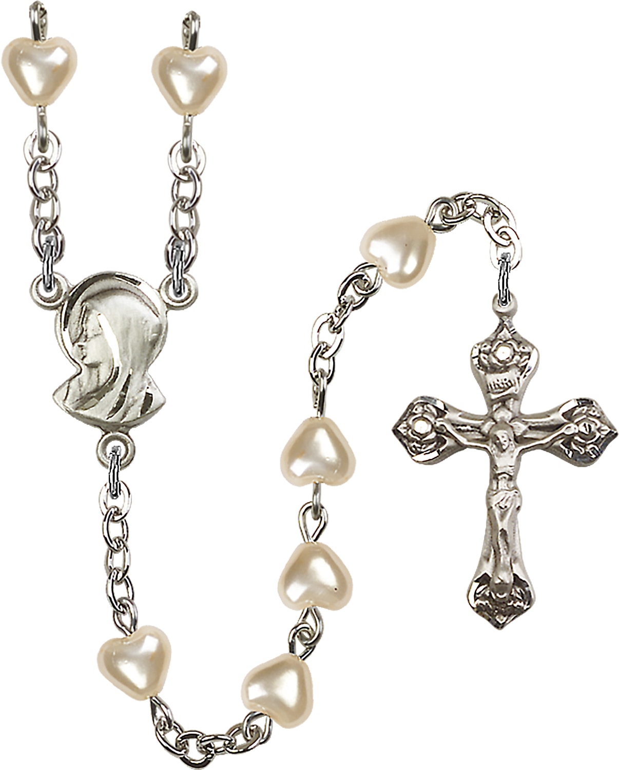 Silver Plate Rosary with 6mm Heart Imitation Pearl Beads and Madonna Center.  Handmade in the USA