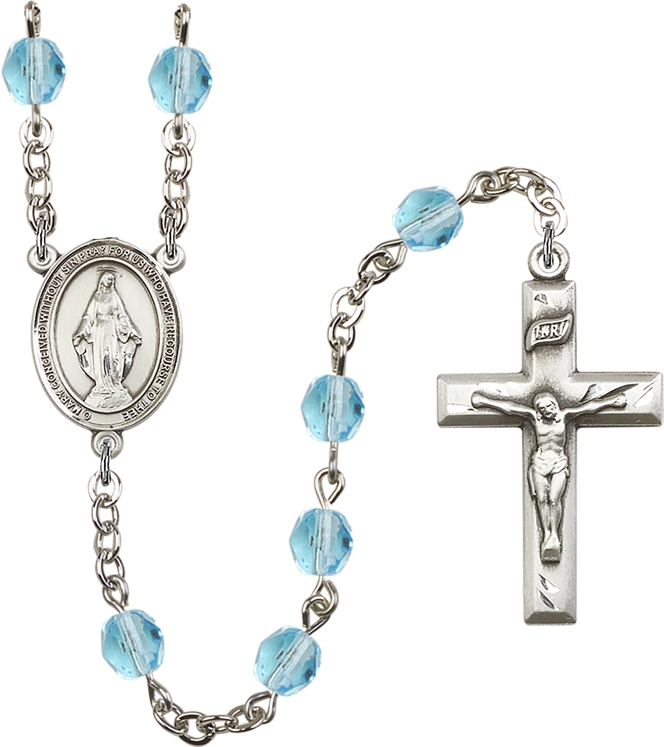 Hand Made Silver Plate Rosary with 6mm Fire Polished Beads featuring a Miraculous Center.  Handmade in the USA