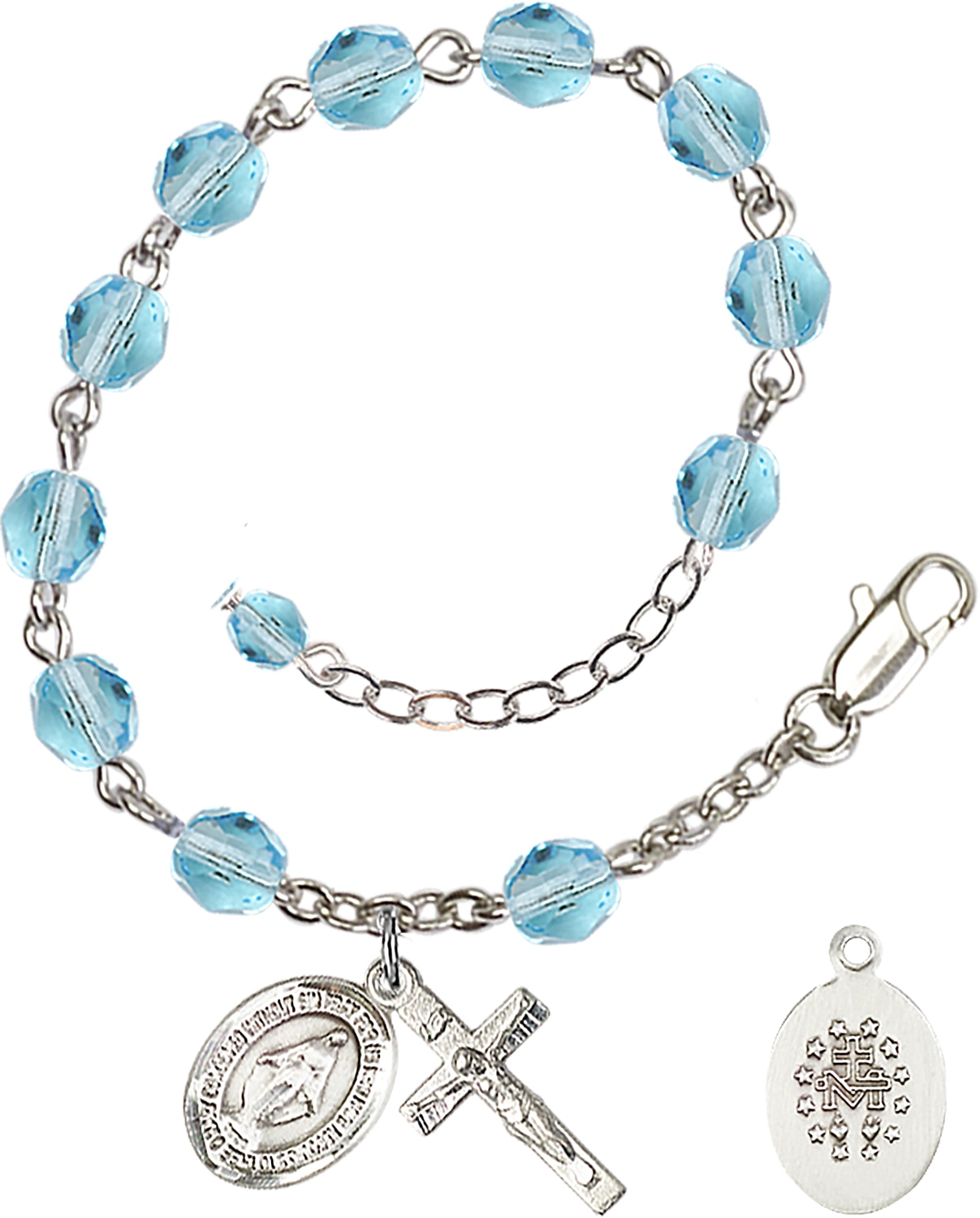 Hand Made Silver Plate Rosary Bracelet with 6mm Fire Polished Beads featuring a Miraculous Charm.  Handmade in the USA