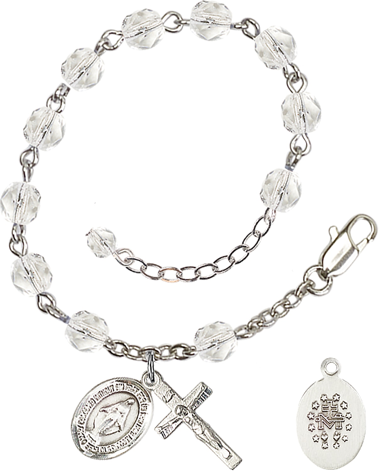 Hand Made Silver Plate Rosary Bracelet with 6mm Fire Polished Beads featuring a Miraculous Charm.  Handmade in the USA