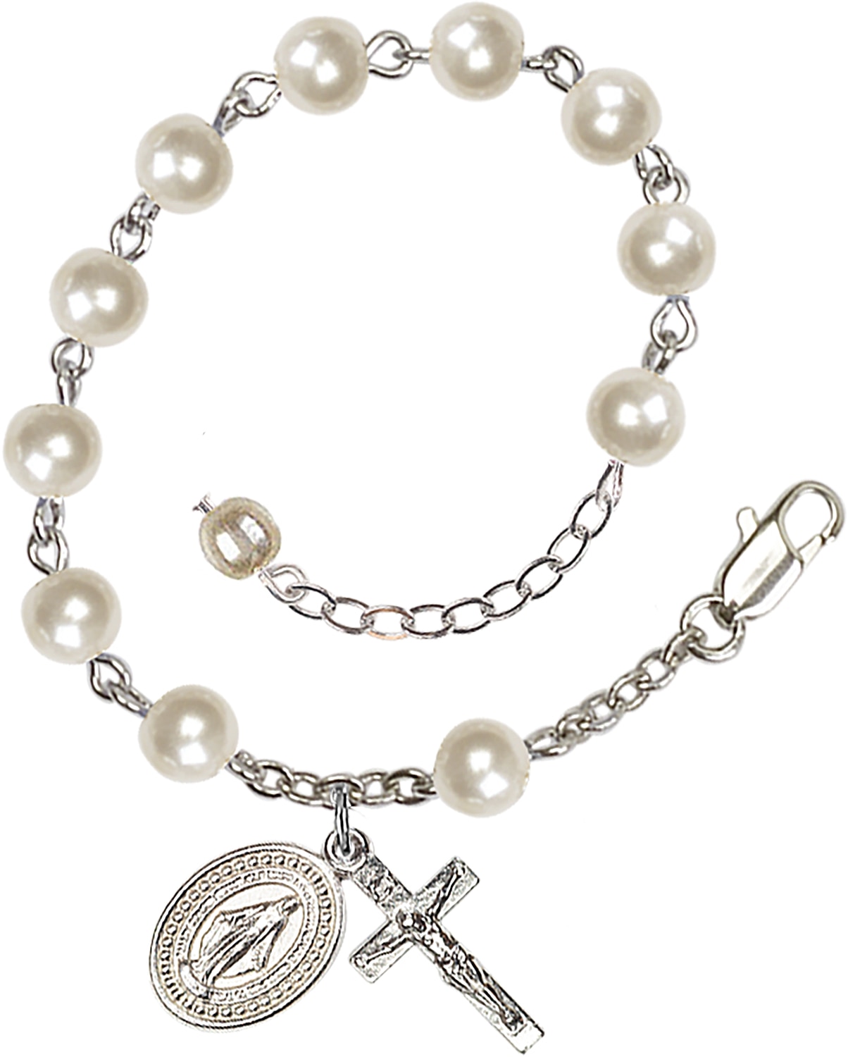 Adjustable, Imitation Pearl Rosary Bracelet in Silver-Plated.  Handmade in the USA