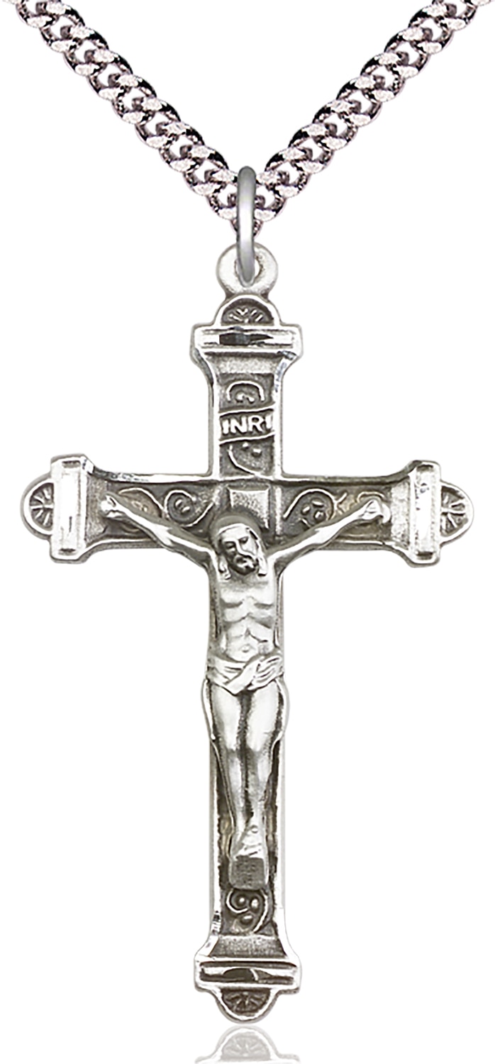 Sterling Silver Crucifix Pendant on an 24-inch Light Rhodium Heavy Curb Chain.  Handmade in the USA