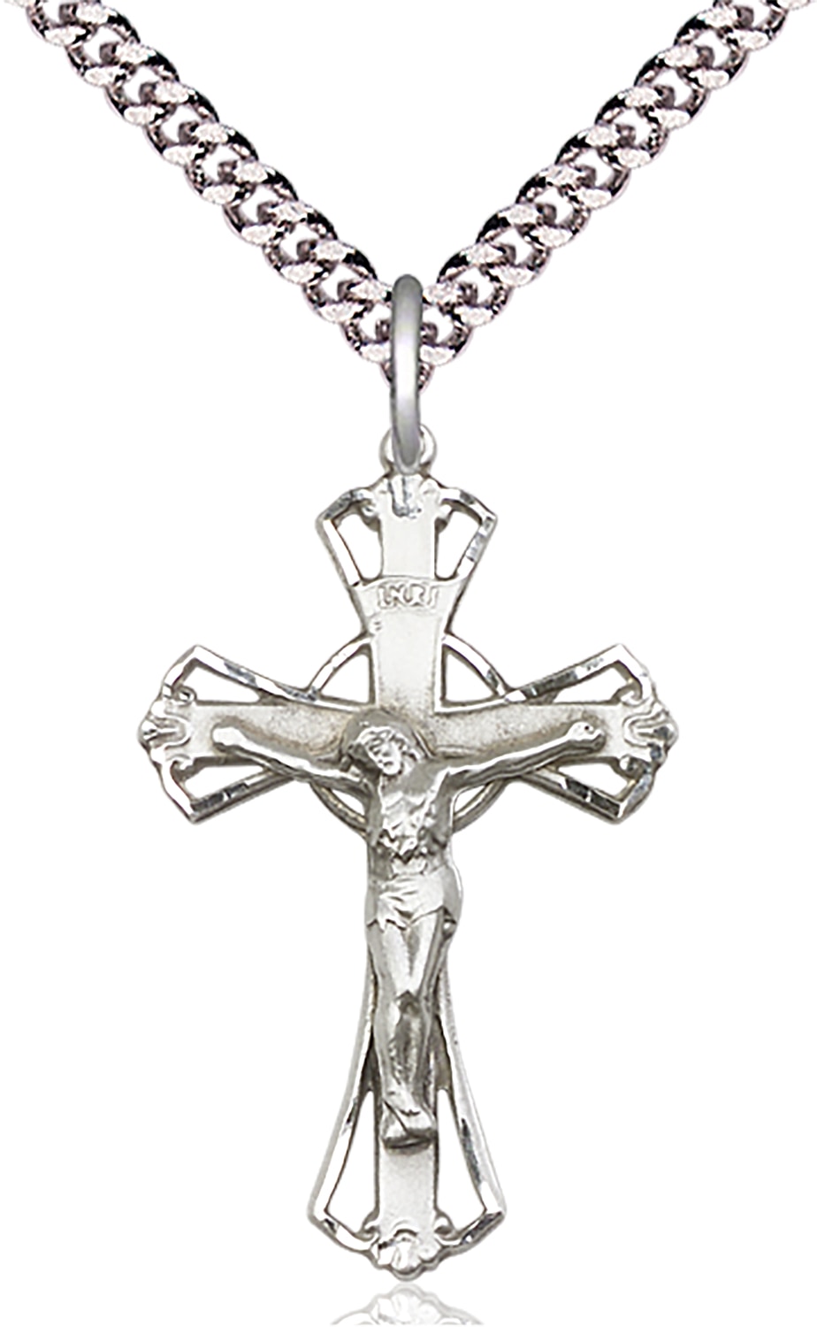 Sterling Silver Crucifix Pendant on an 24-inch Light Rhodium Heavy Curb Chain.  Handmade in the USA