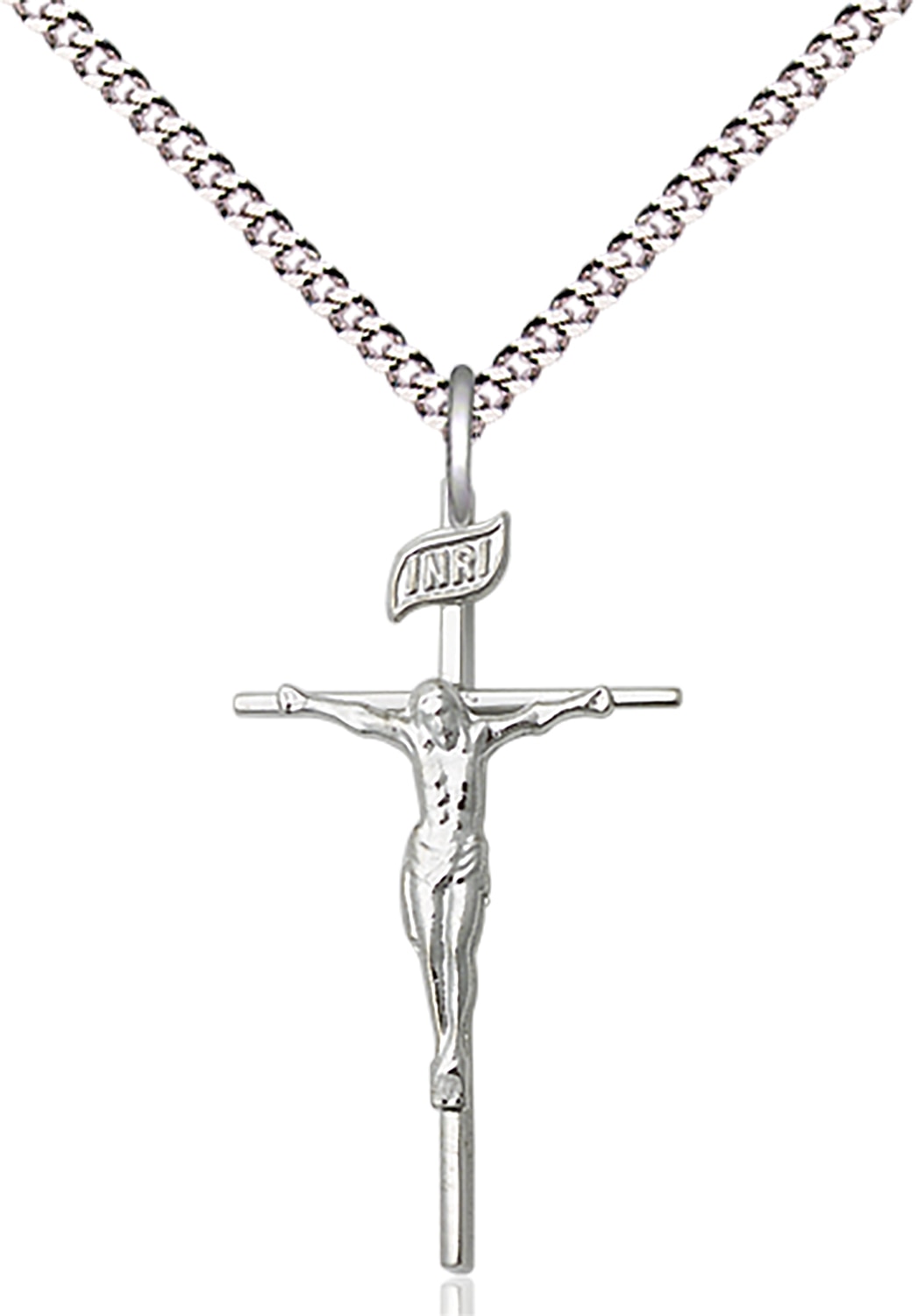 Sterling Silver Crucifix Pendant on an 18-inch Light Rhodium Light Curb Chain.  Handmade in the USA