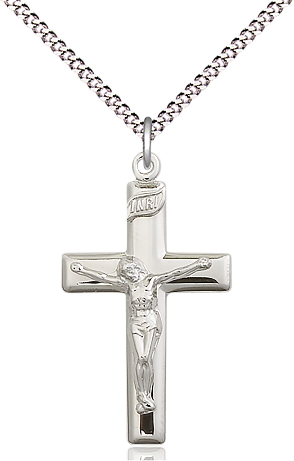 Sterling Silver Crucifix Pendant on an 18-inch Light Rhodium Light Curb Chain.  Handmade in the USA