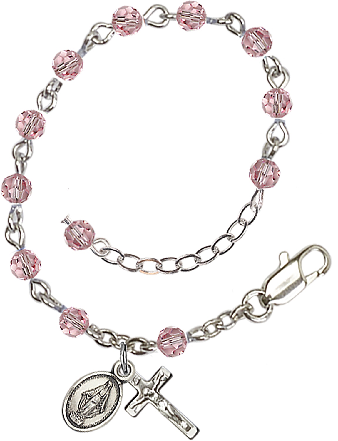 Rhodium Plated Infant/Child Rosary Bracelet with 4 mm Light Rose Austrian Crystal Beads