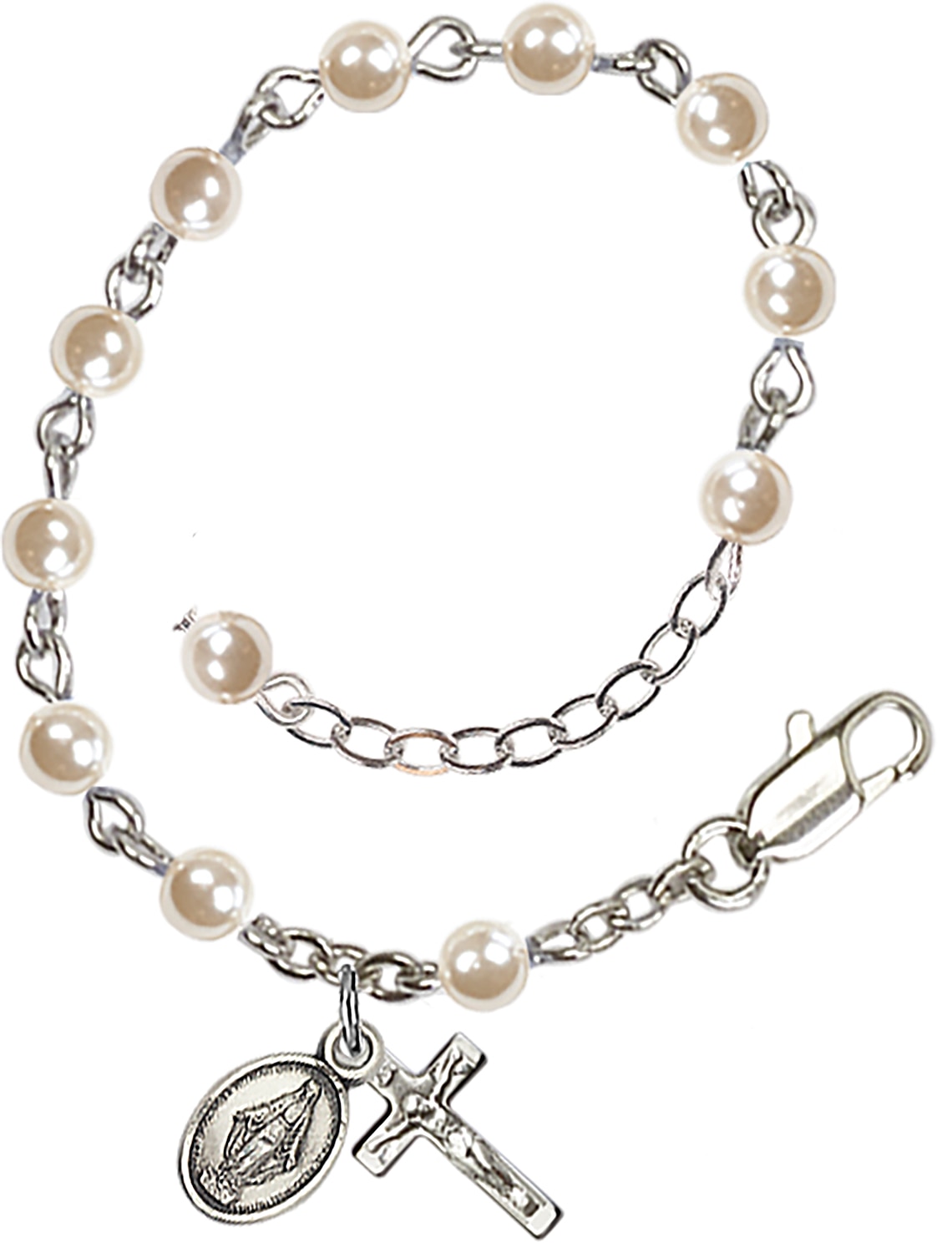 Rhodium Plated Infant/Child Rosary Bracelet with 4 mm Imitation Pearl Beads