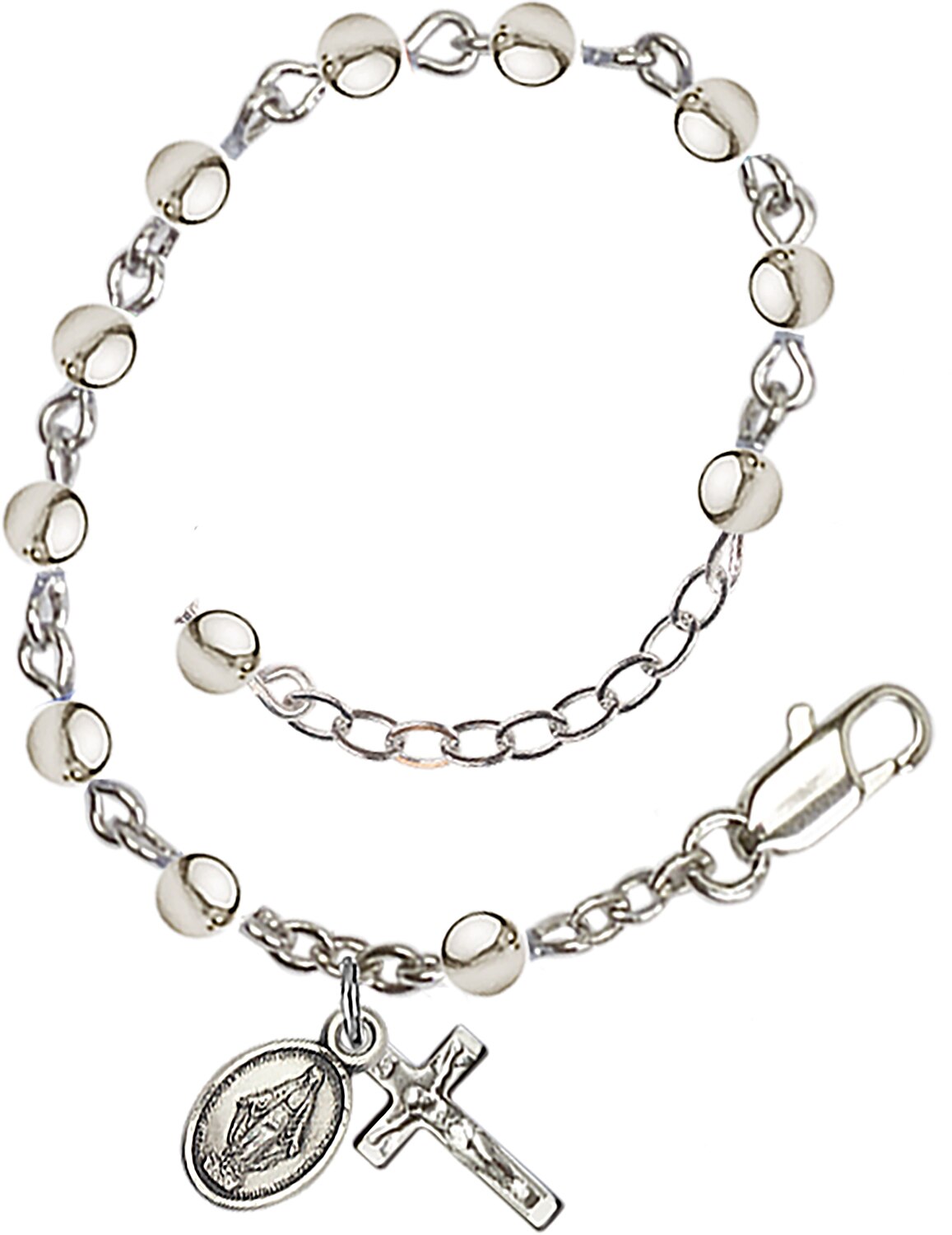 Rhodium Plated Infant/Child Rosary Bracelet with 4 mm Silver Plated Beads