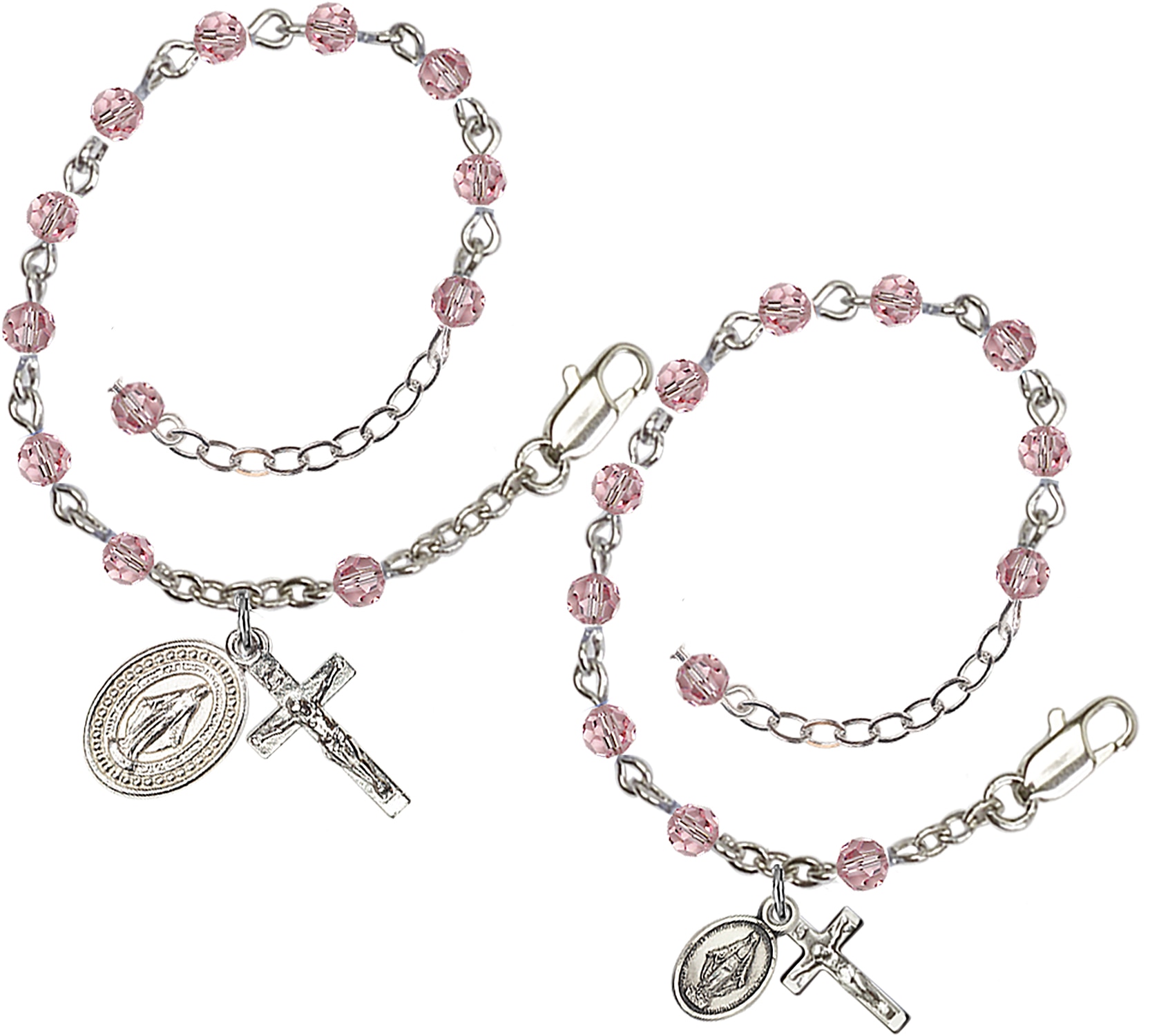 Rhodium Plated Mother/Daughter Rosary Bracelet Set with 4mm Light Rose Beads