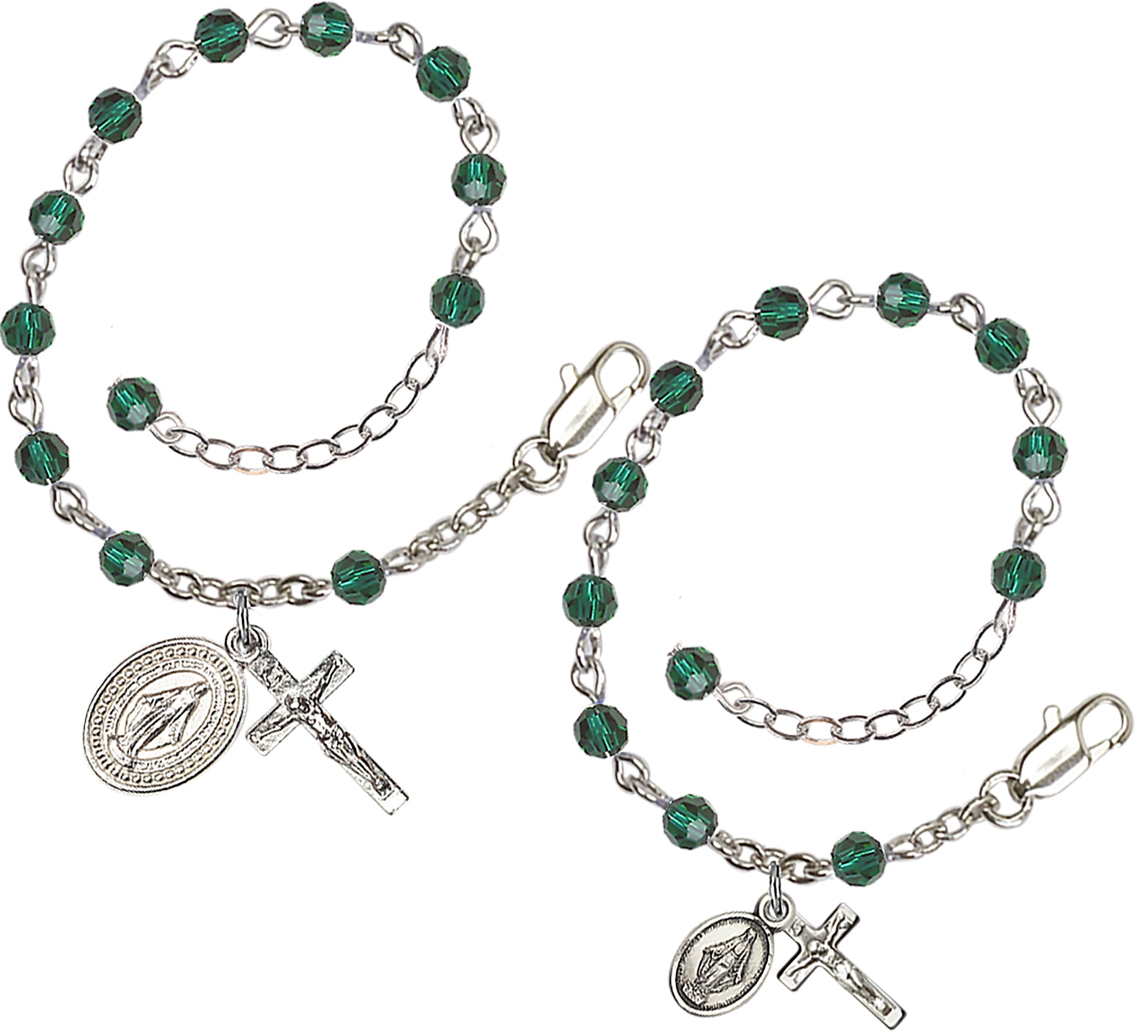 Rhodium Plated Mother/Daughter Rosary Bracelet Set with 4mm Emerald Color Beads