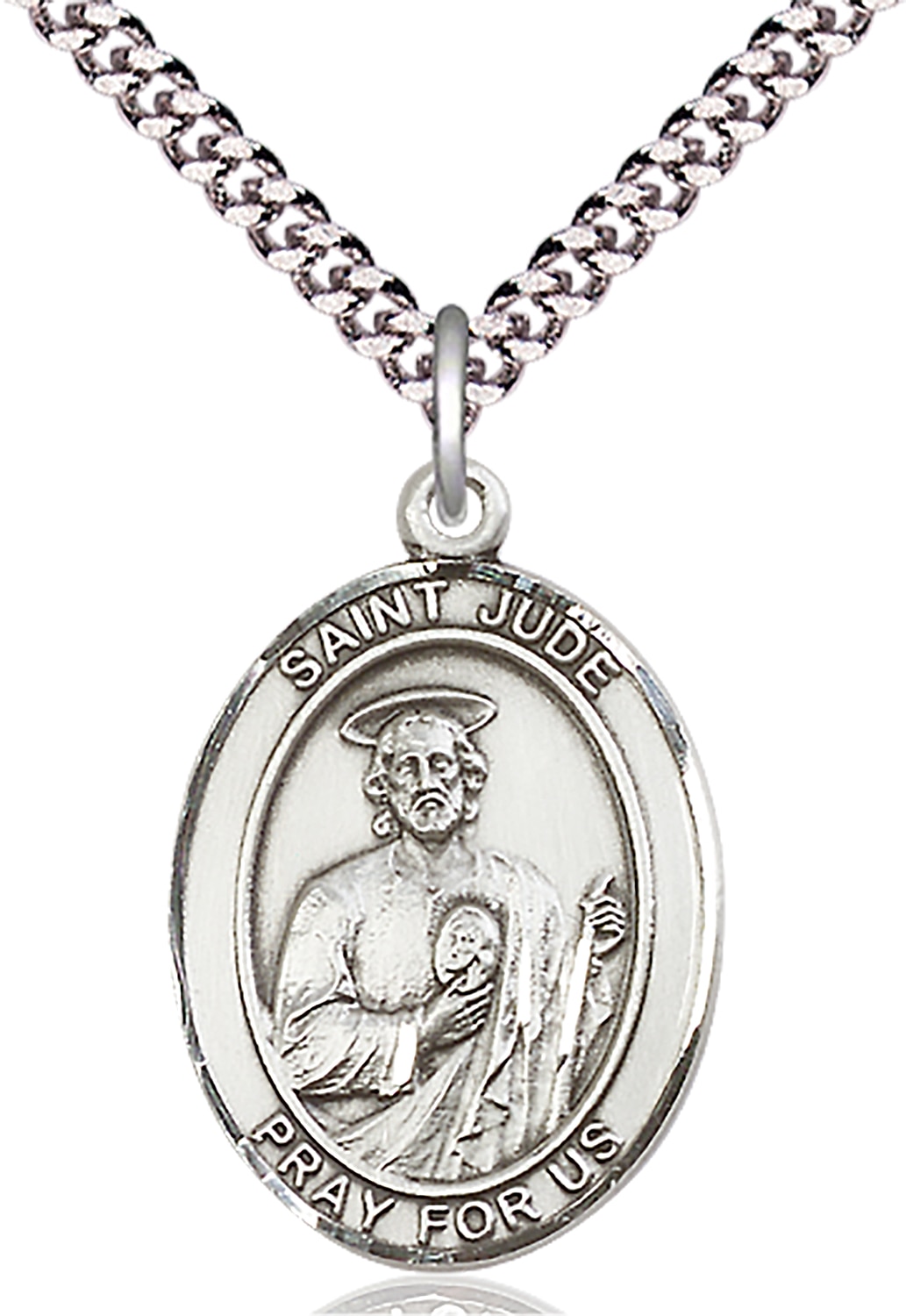 Sterling Silver St Jude Pendant on a 24-inch Light Rhodium Heavy Curb Chain.