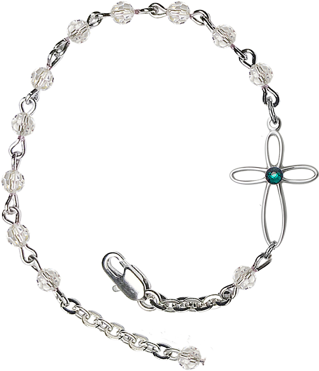 Silver Loop Style Cross Charm with School Color on a 7-1/2 Inch Crystal Bracelet - Green Stone