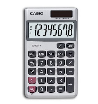 8-digit handheld calculator features 16-digit approximations, large easy-to-read display, metal facing, and three-digit comma markers. Functions include independent memory, square root key, constants, profit margin, percent and change sign.