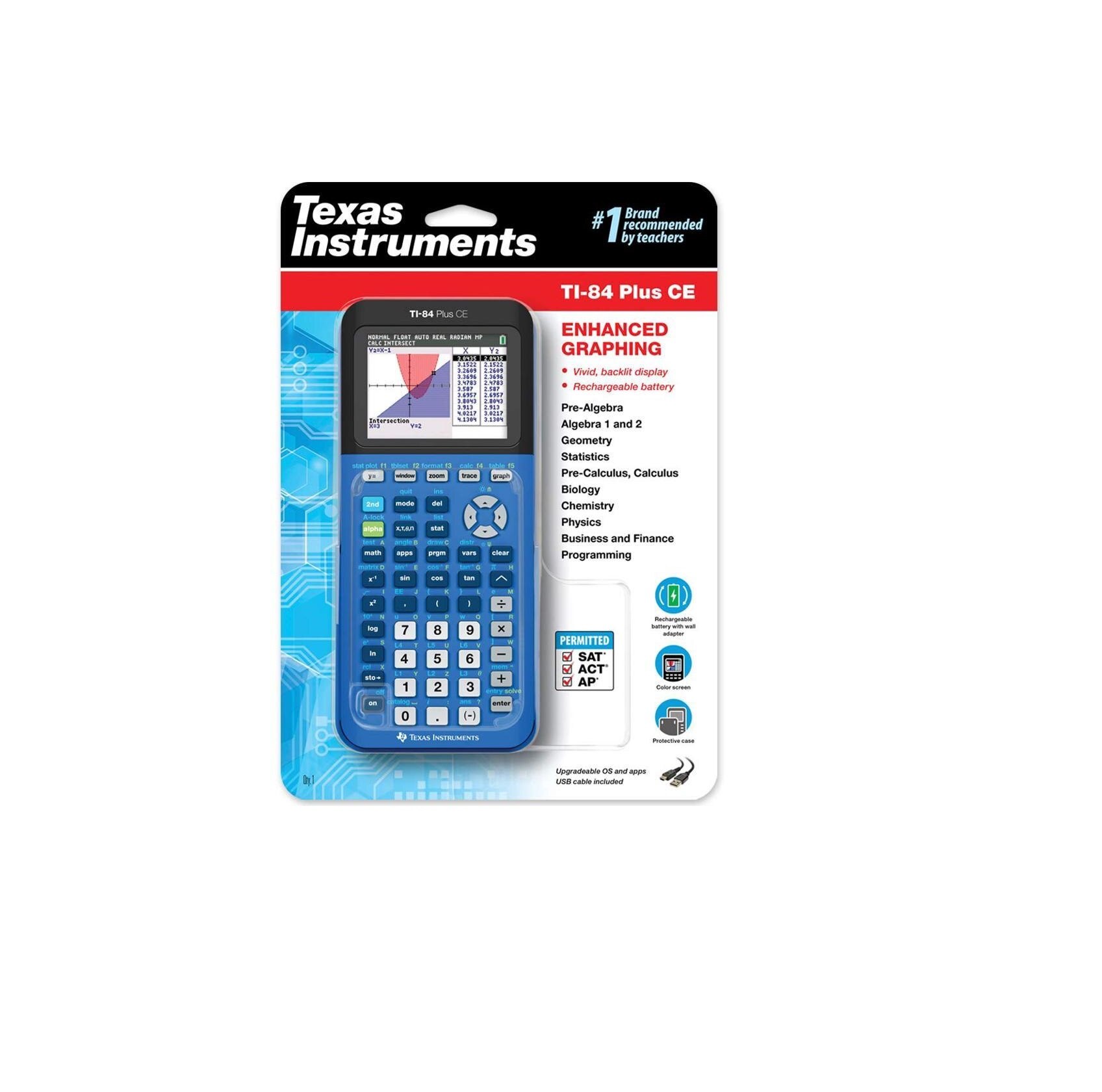 Texas Instruments TI-84 Plus CE Graphing Calculator. Features full-color backlit display, high resolution screen now with a new sleek, slim look, TI Rechargeable Battery, Familiar 84 Plus Family functionality.