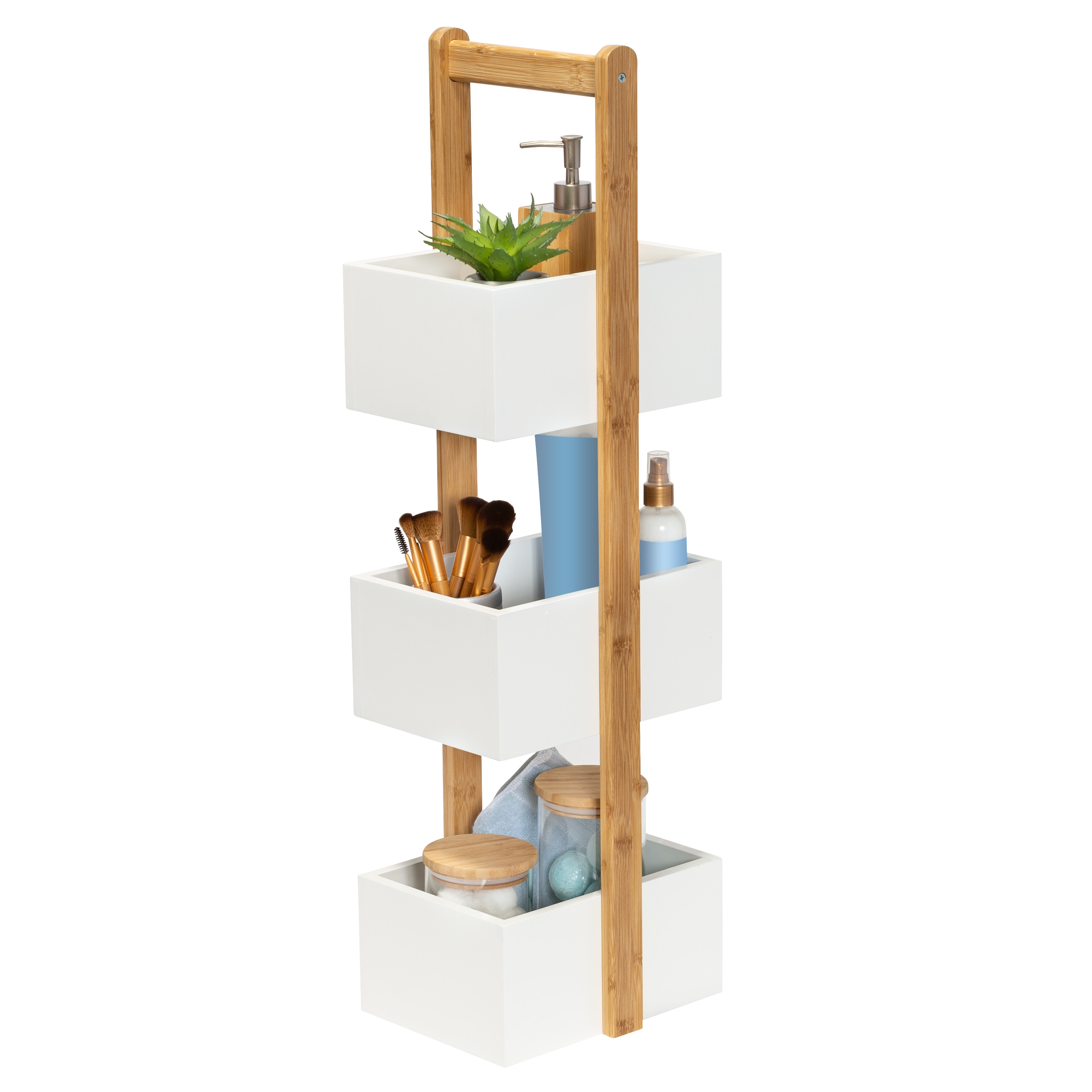 White/Natural Bamboo 3-Tier Storage Caddy