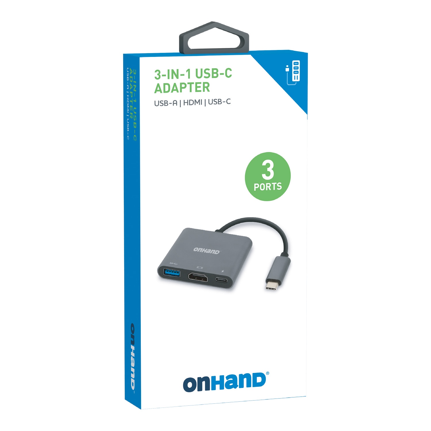 OnHand  3-IN-1 Adapter Hub USB-A HDMI USB-C, Silver