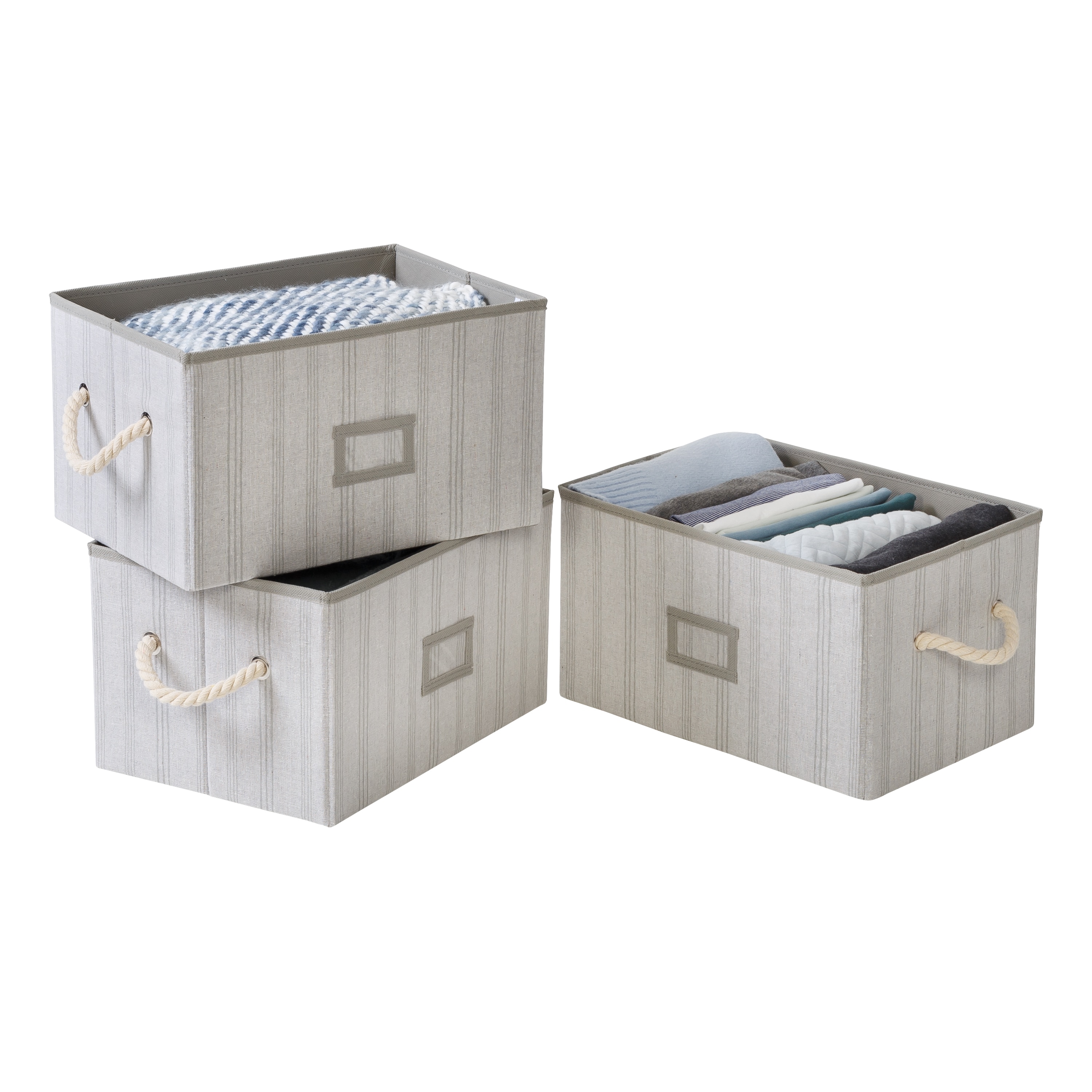 Set of 3 Folding Grey Stripes Fabric Storage Bins with Handles