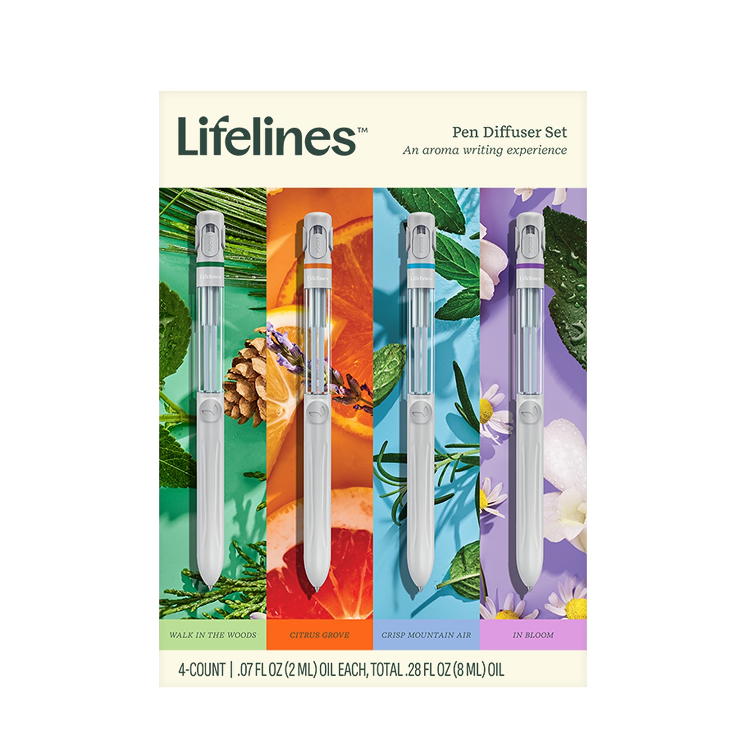 Lifelines Pen Diffuser Set - 4 Pack with Assorted Essential Oil Blendss - Crisp Mountain Air, In Bloom, Walk In The Woods, Citrus Grove