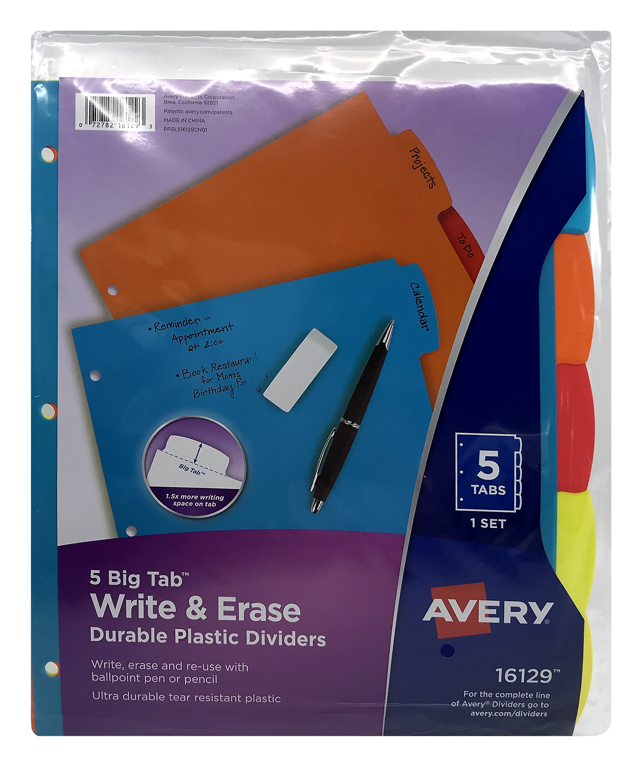 Avery Big Tab Write & Erase Plastic Dividers,  5-Tab Set, Multicolor