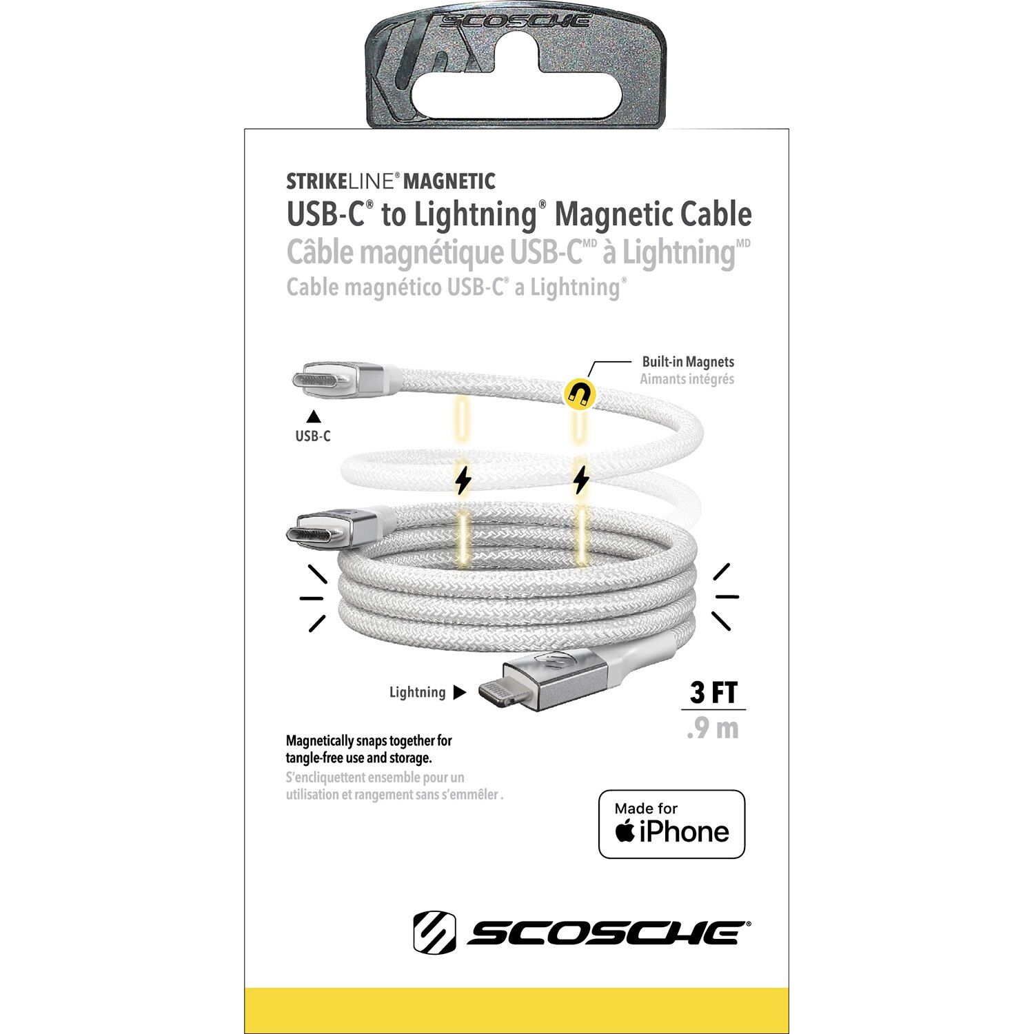 Scosche STRIKELINE MAGNETIC Braided Power Delivery USB Cable 3ft- White