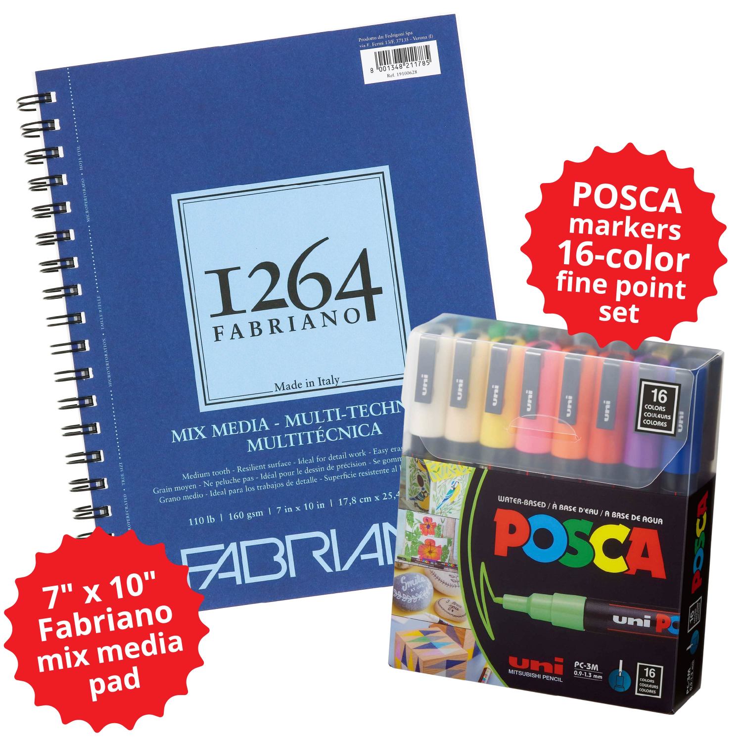 Fabriano 1264 Mixed Media Pad, and POSCA Marker 16-Color PC-3M Fine Pt Bundle