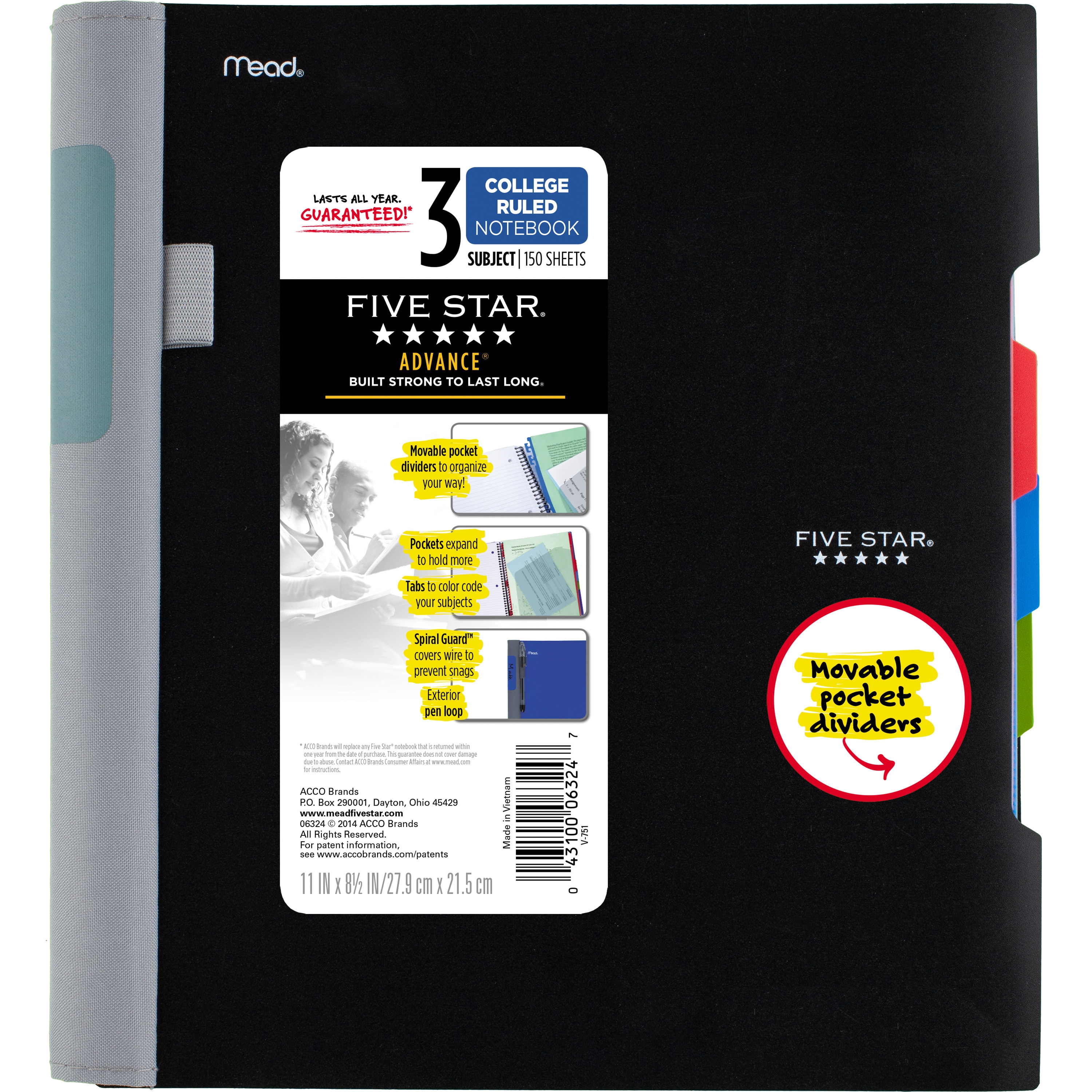 Five Star Mea06322 Advance Wirebound Notebook, College Rule, 8 1/2 X 11, 1 Subject, 100 Sheets, Assorted