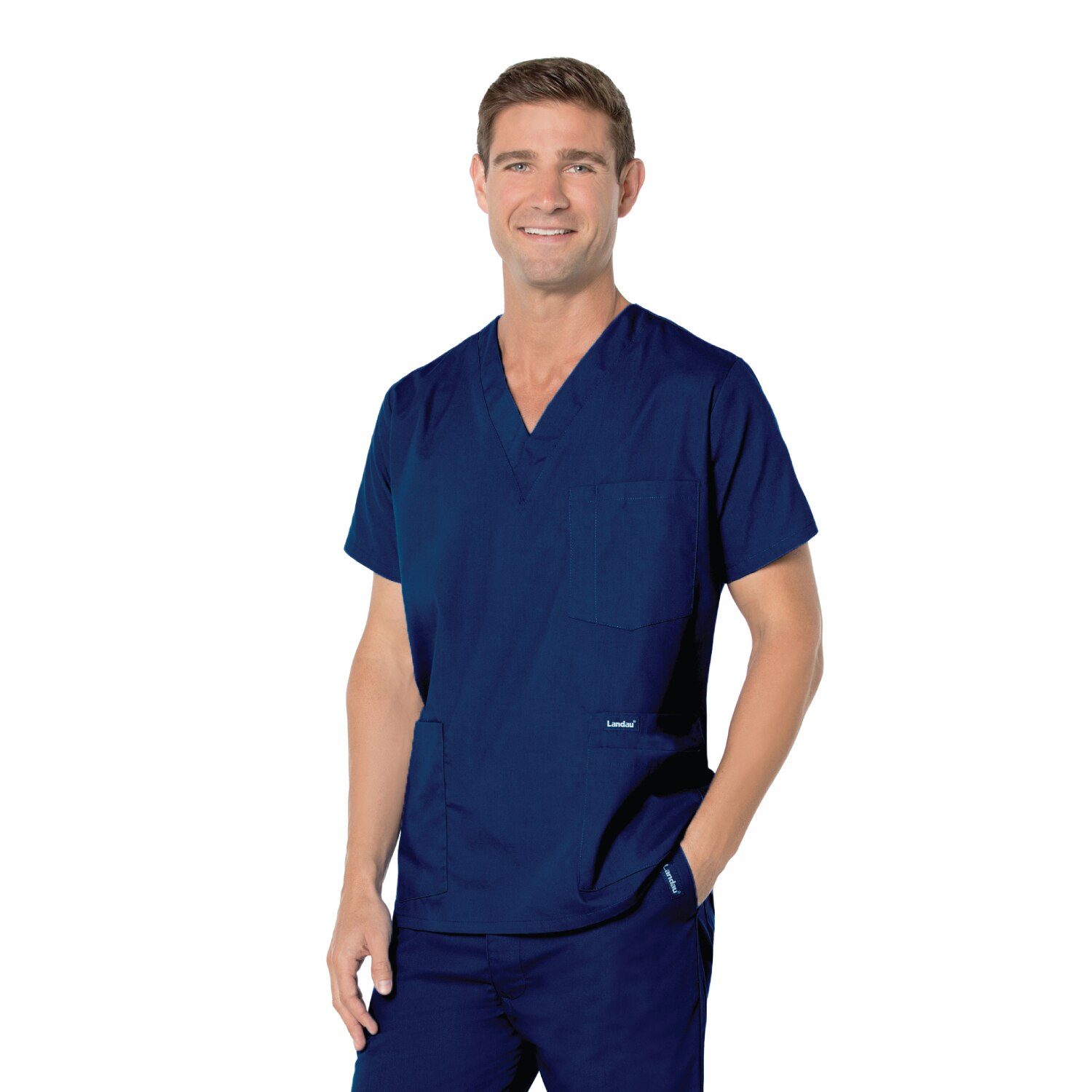 Landau Essentials Men's 5-Pocket V-Neck Scrub Top