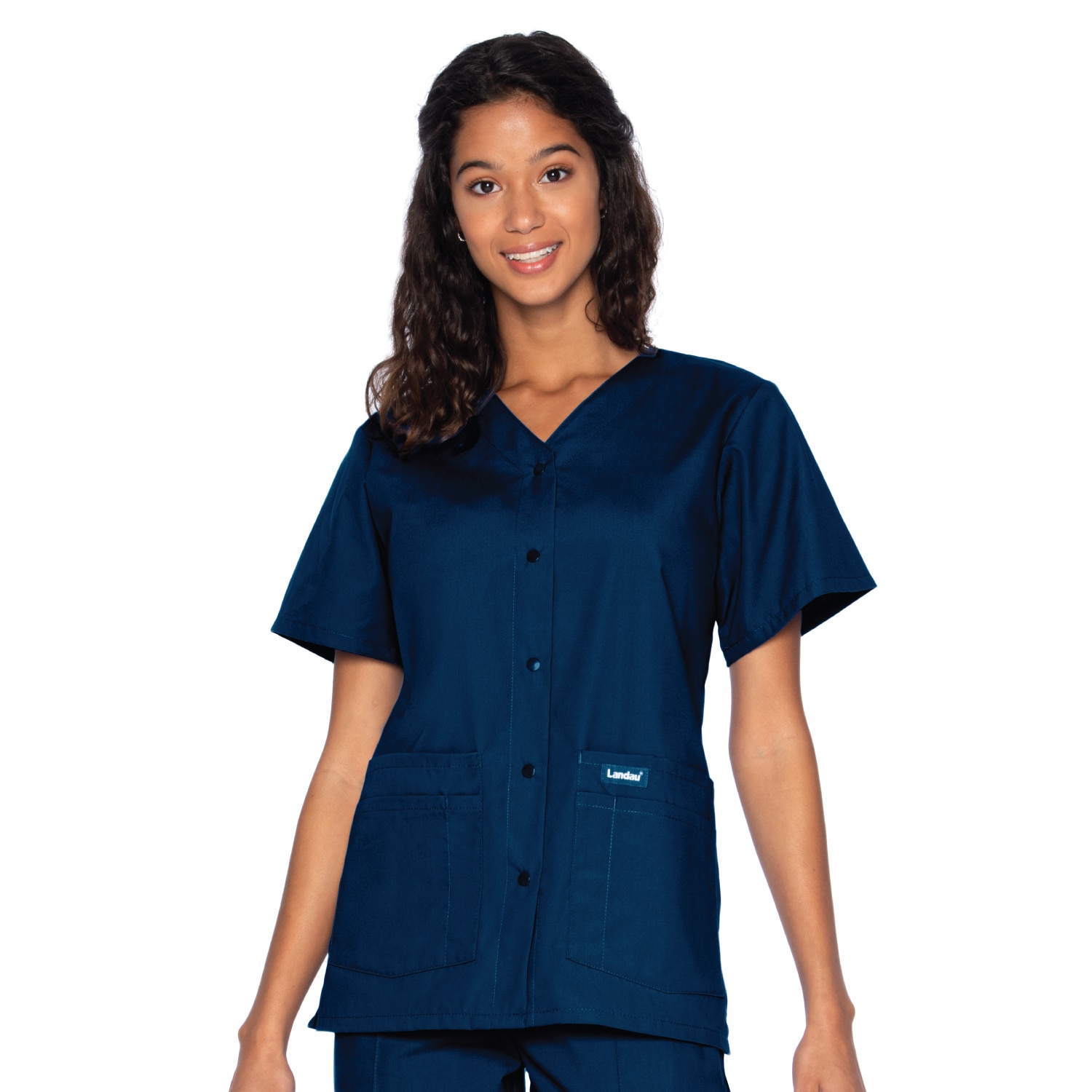 Women's Snap Front 4-Pocket V-Neck Solid Scrub Top