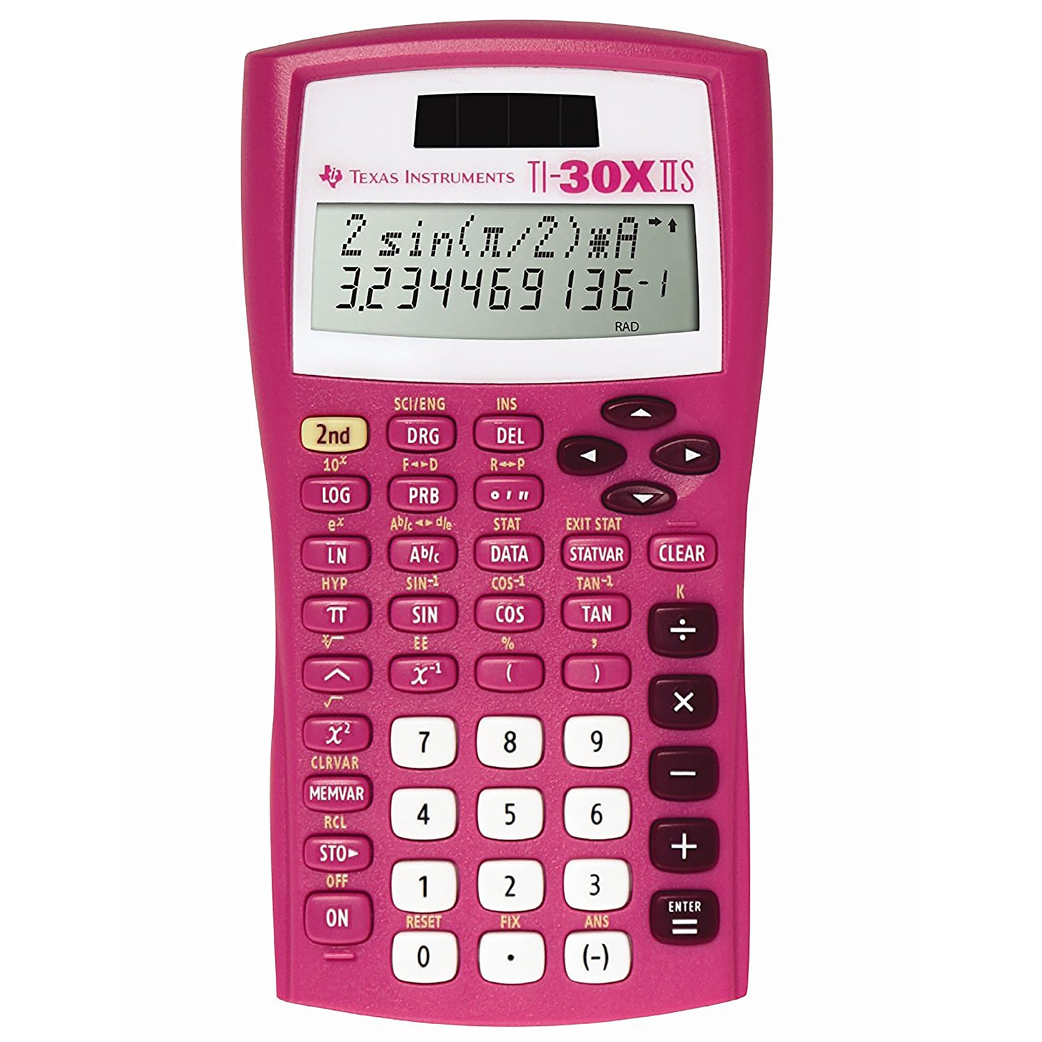 Scientific calculator with equation recall combines statistics and advanced scientific functions. Two-line display shows entries on the top line and results on the bottom line. Entry line on the top of the display shows up to 11 characters and can sc