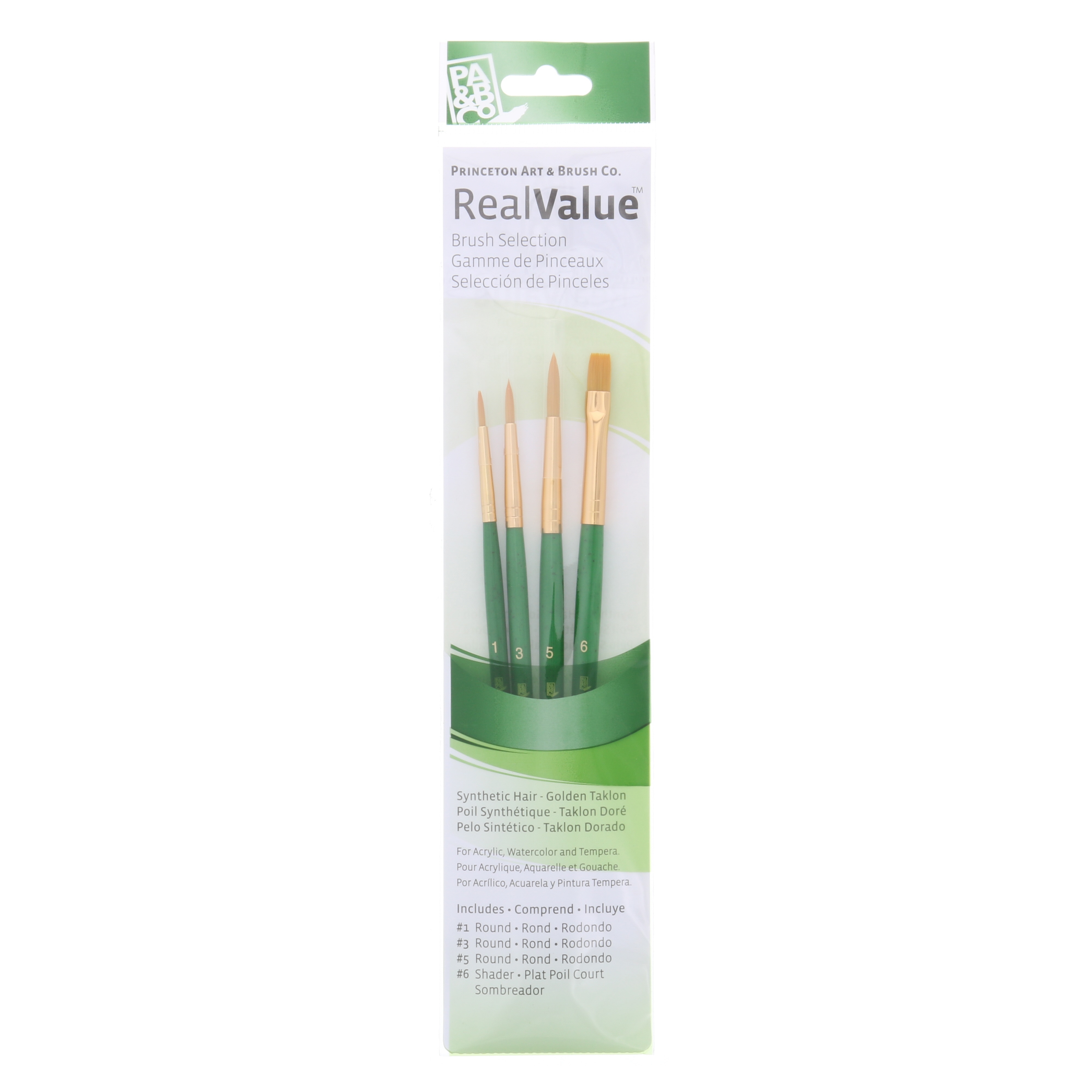 Princeton Brush Real Value 4-Brush Golden Taklon Brush Set, Round 1, 3, 5, Shader 6