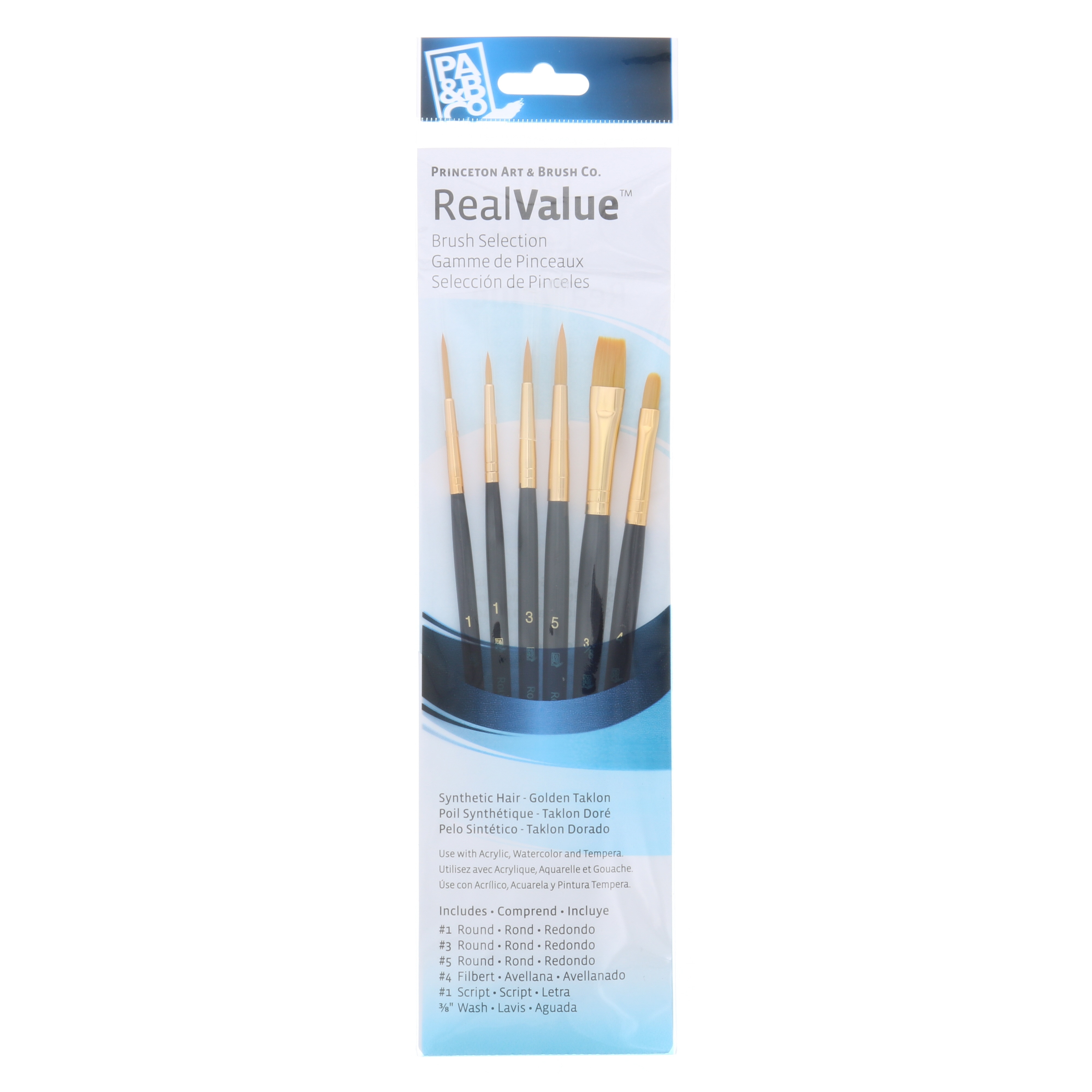 Princeton Brush Real Value 6-Brush Golden Taklon Set, Round 1, 3, 5, Filbert 4, Script 1, Wash 5/8