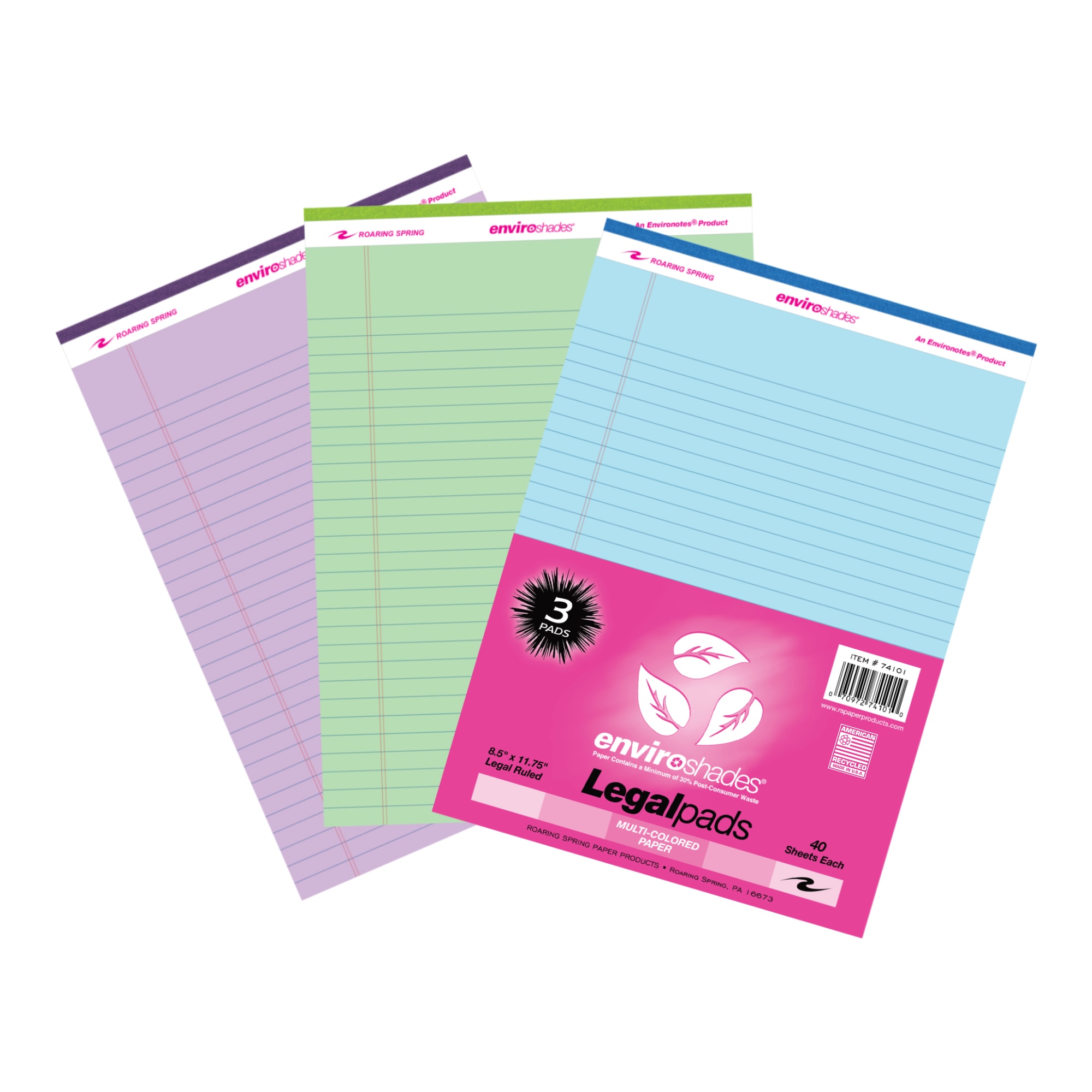 Roaring Spring Enviroshades Recycled Colored Legal Pads, Pack of 3, 8.5" x 11.75", 40 Sheets Per Pad, Assorted Colors (Blue, Orchid, Green)