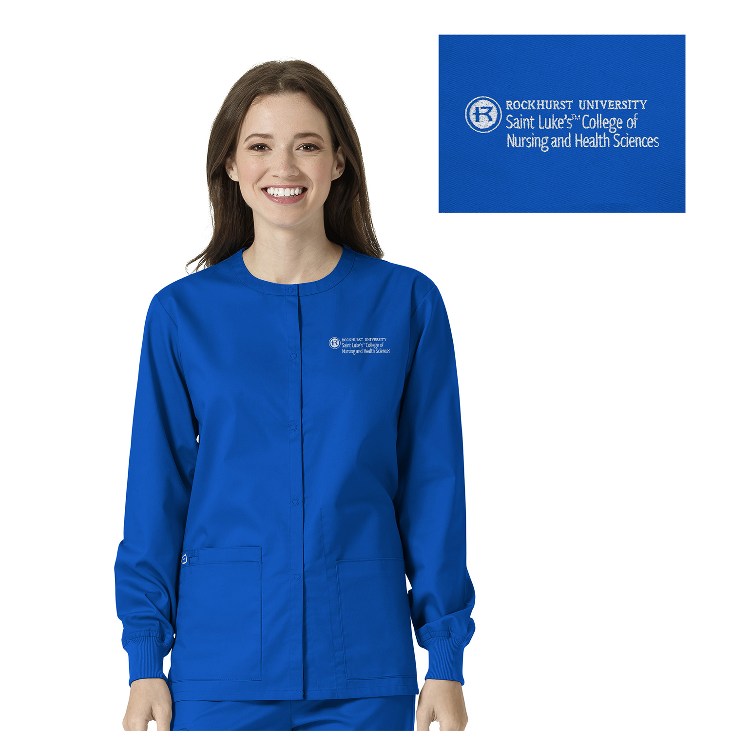 Rockhurst Decorated Nursing Unisex Snap Front Scrub Jacket, 800RHU2