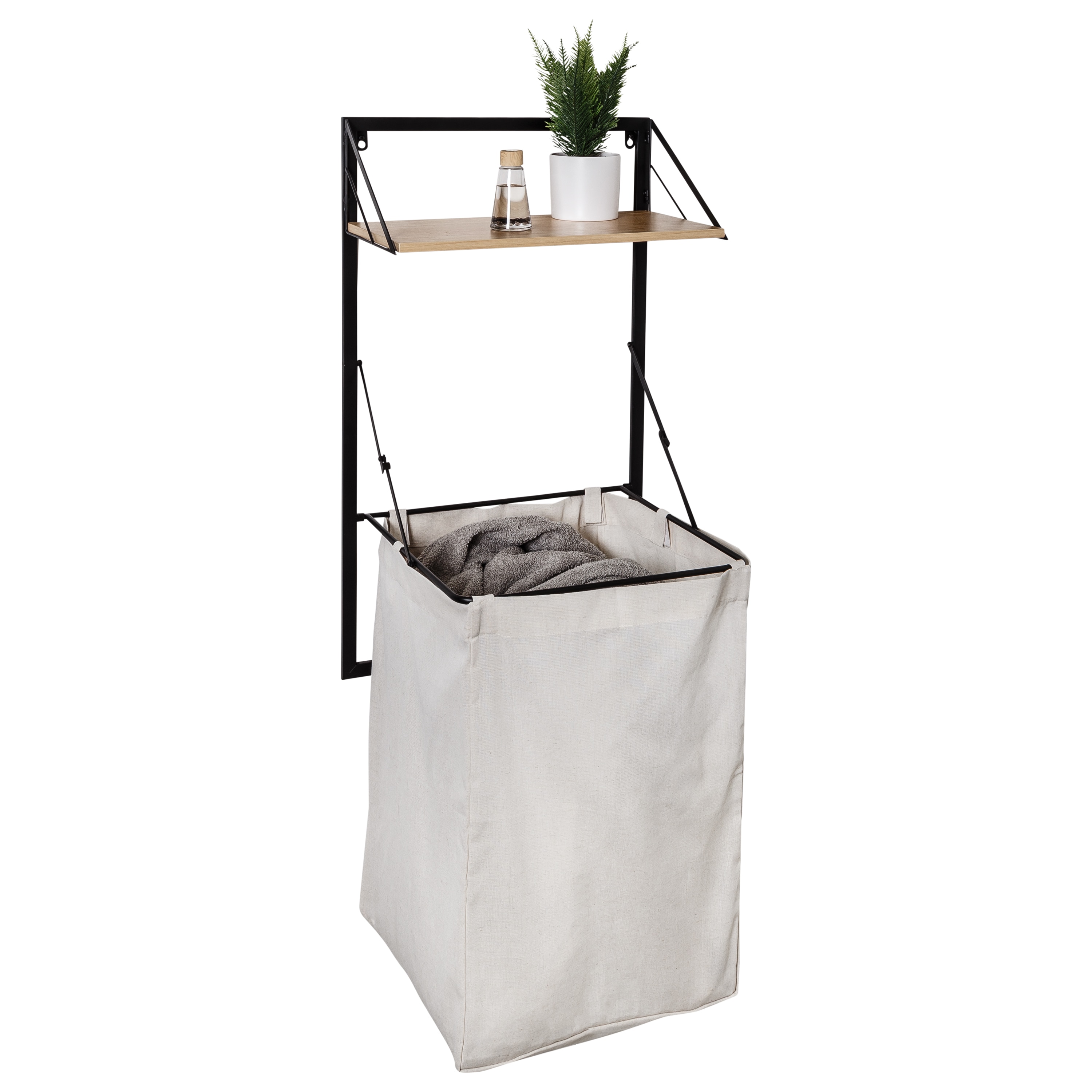 Collapsible Wall-Mounted Clothes Hamper with Canvas Laundry Bag and Wood Shelf