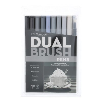 Tombow Dual Brush Pen, 10-Pen Set, Grayscale