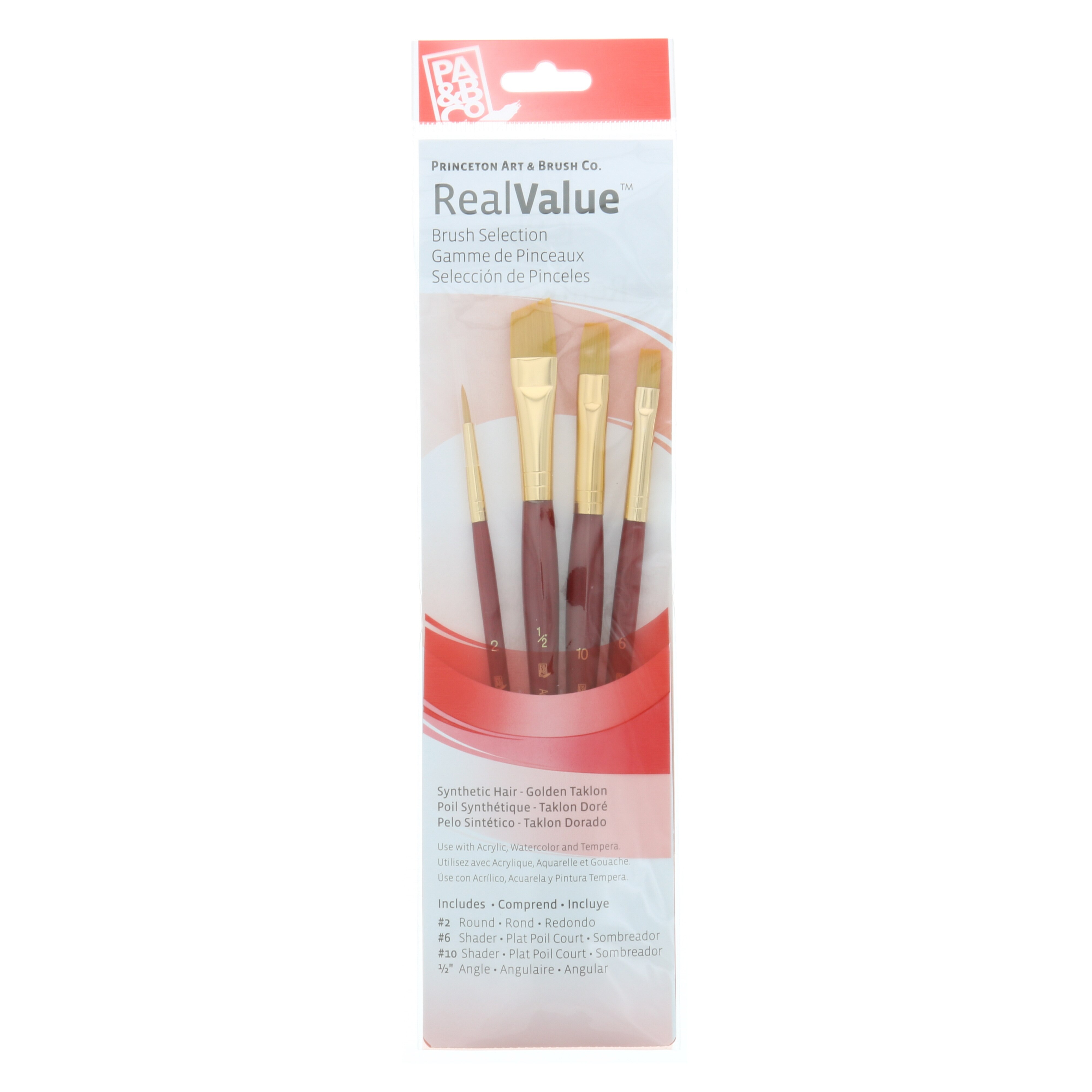 Princeton Brush Real Value 4-Brush Golden Taklon Brush Set, Round 2, Shader 6, 10, Angle 1/2