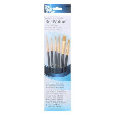 Princeton Brush Real Value 6-Brush Golden Taklon Set, Round 1, 3, 5, Filbert 4, Script 1, Wash 5/8